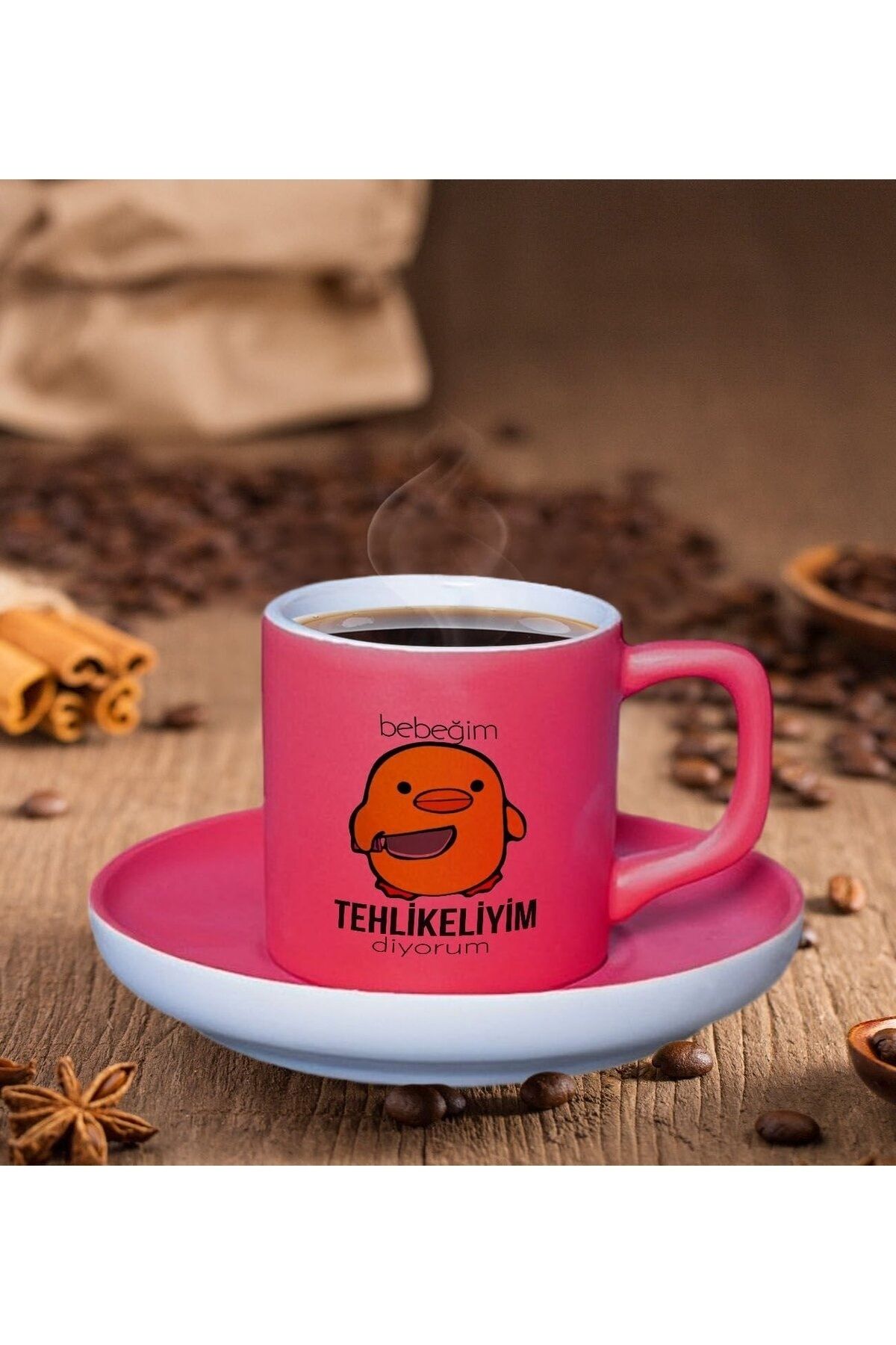 Bk Gift Gift Bebeğim Tehlikeliyim Tasarımlı Mat Fuşya Renk Türk Kahvesi Fincanı-1, Renkli Türk Kahvesi Fi