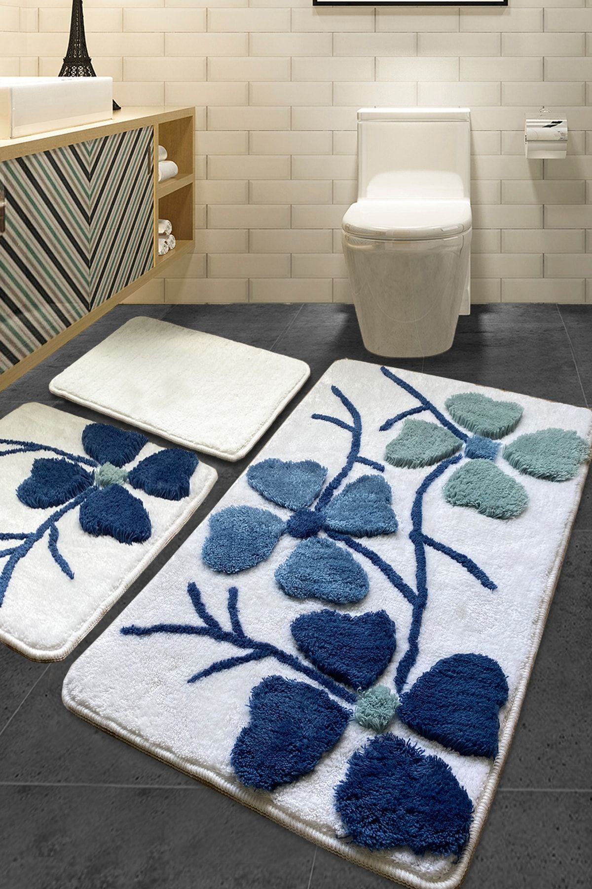 Chilai Home Kırçiçeği Mavi 3lü Set 60x100 Cm 50x60 Cm 40x60 Cm Banyo Halısı Yıkanabilir, Kaymaz
