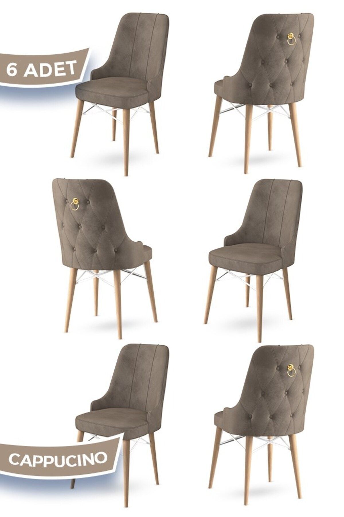 Canisa Concept Pare Serisi 6 Cappucino Sandalye 1.sınıf Babyface Ithal Kumaş Doğal Ahşap Ayak Gold Halkalı