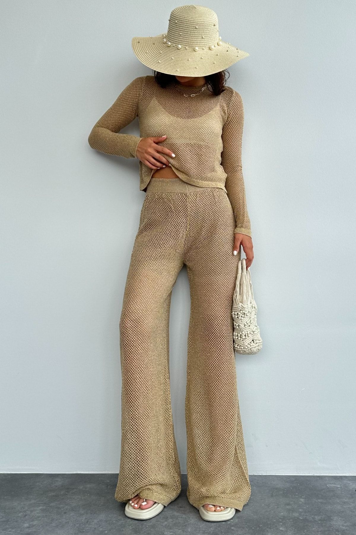 LOOSH Kadın Gold Parıltılı İplikli Transparan Bluz Pantolon Takım