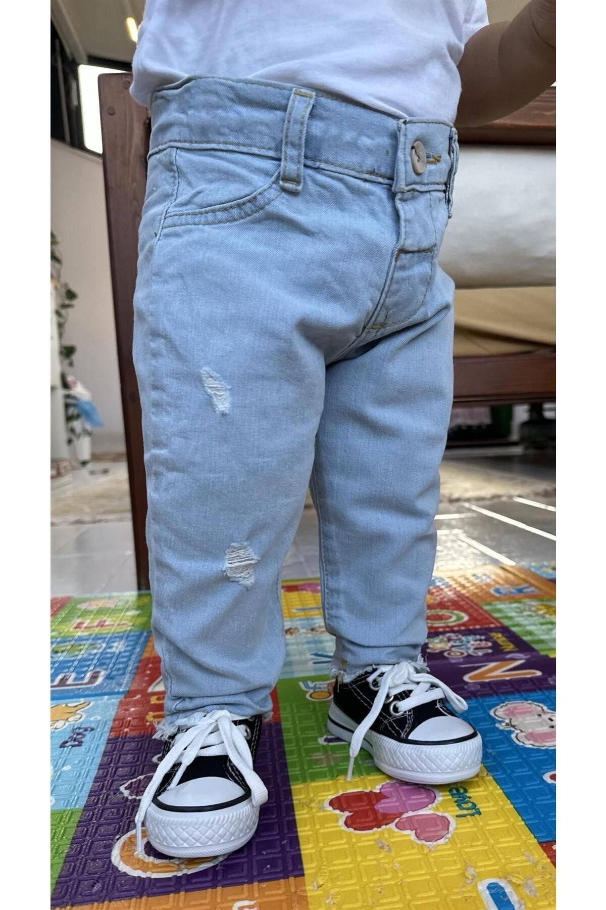 minny max Beli Ayarlanabilir Lastikli Denim Kumaş Açık Mavi Yırtık Detaylı Çocuk Pantolon