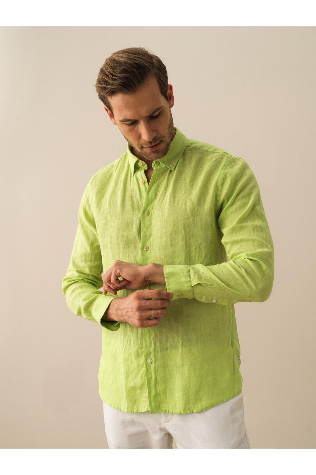 Xint Erkek Yeşil %100 Keten Regular Fit Basic Gömlek