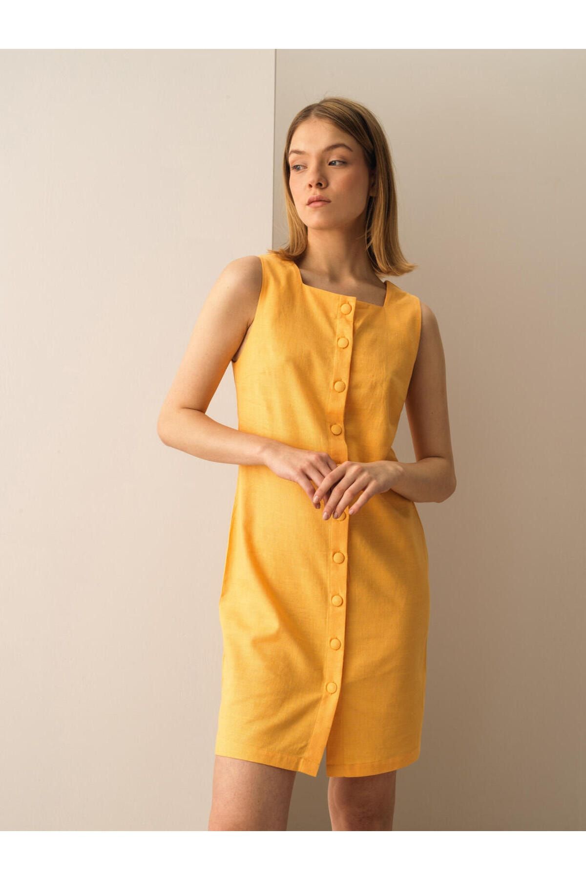 Xint Kadın Sarı Pamuk Keten Karışımlı Regular Fit Elbise