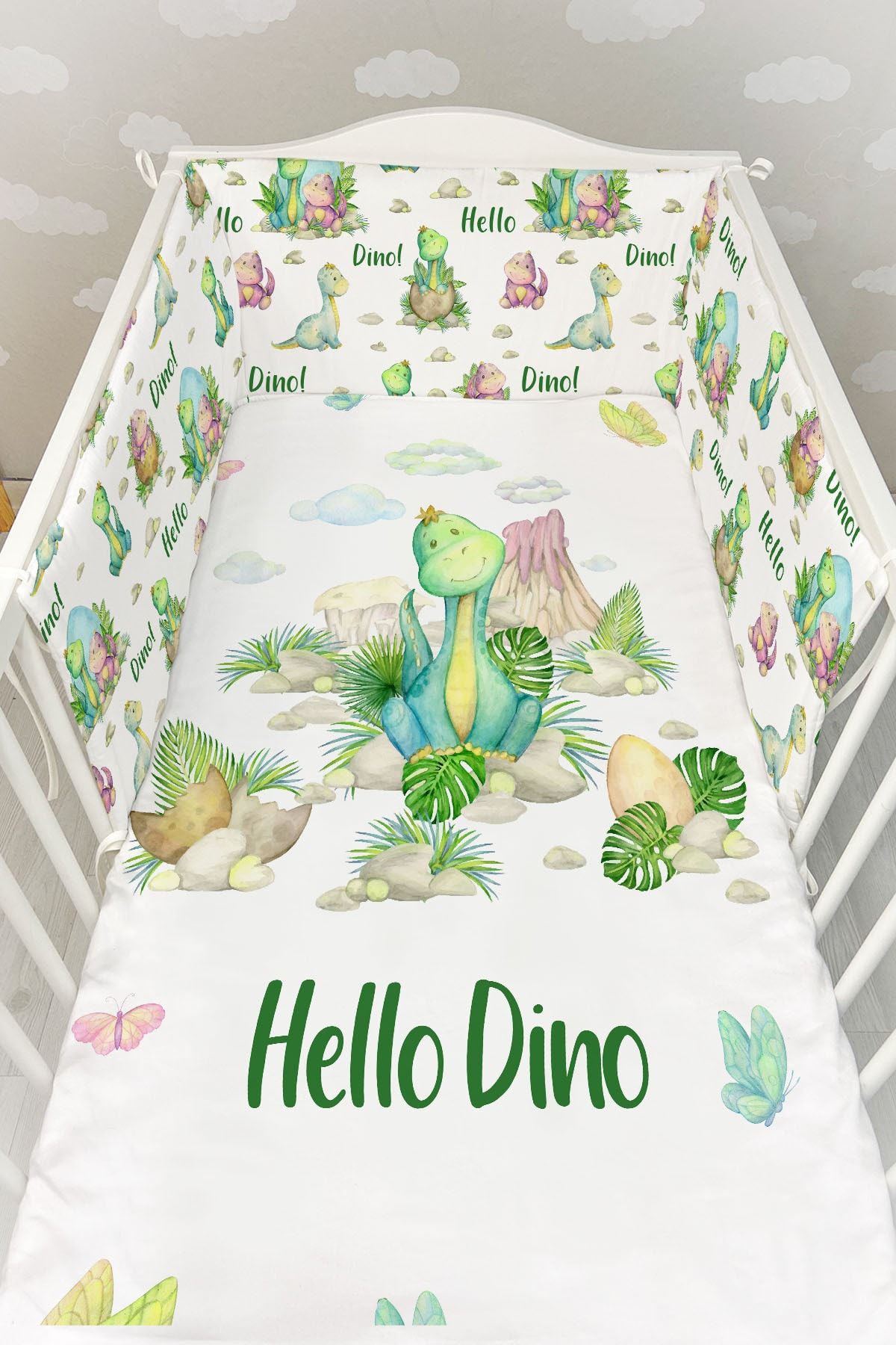Tuğba Kuğu Bebek Başucu Koruyucu ve Baskılı Çarşaflı Uyku Seti - For Baby Serisi - Sevimli Yeşil Dinazor
