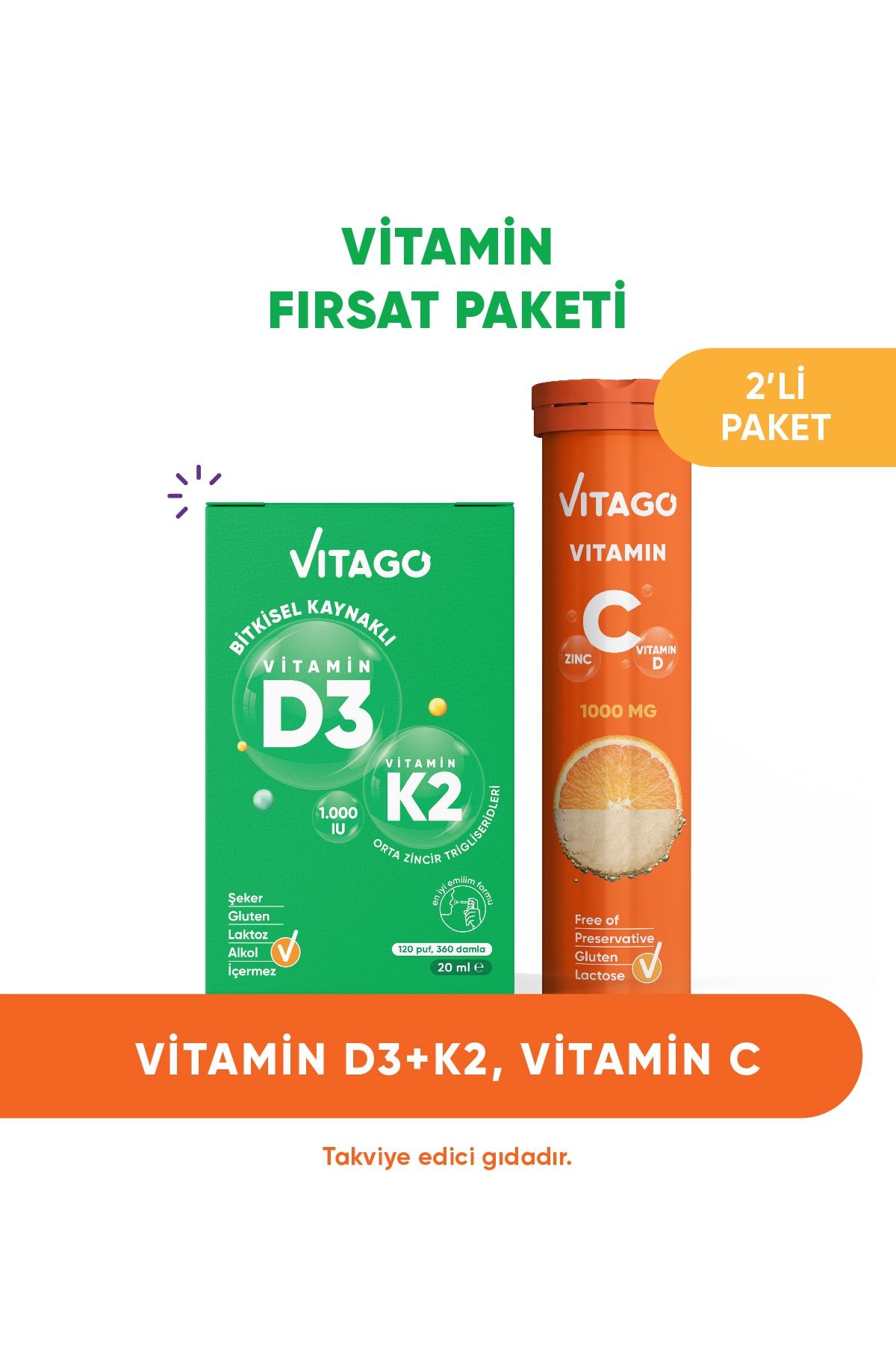 Vitago 2’li Paket – Vitago D3 Vitamini, K2 Vitamini, 20ml Sprey + Vitago C Vitamini, 20'li Efervesan