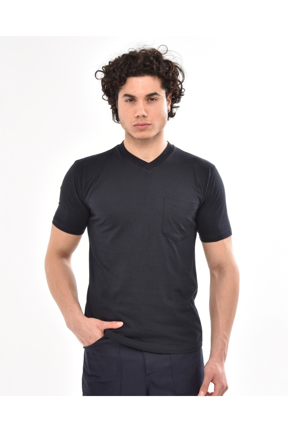 Çamdalı İş Elbiseleri V Yaka Lacivert Kısa Kollu Süprem Iş Tişörtü - V Yaka T-shirt
