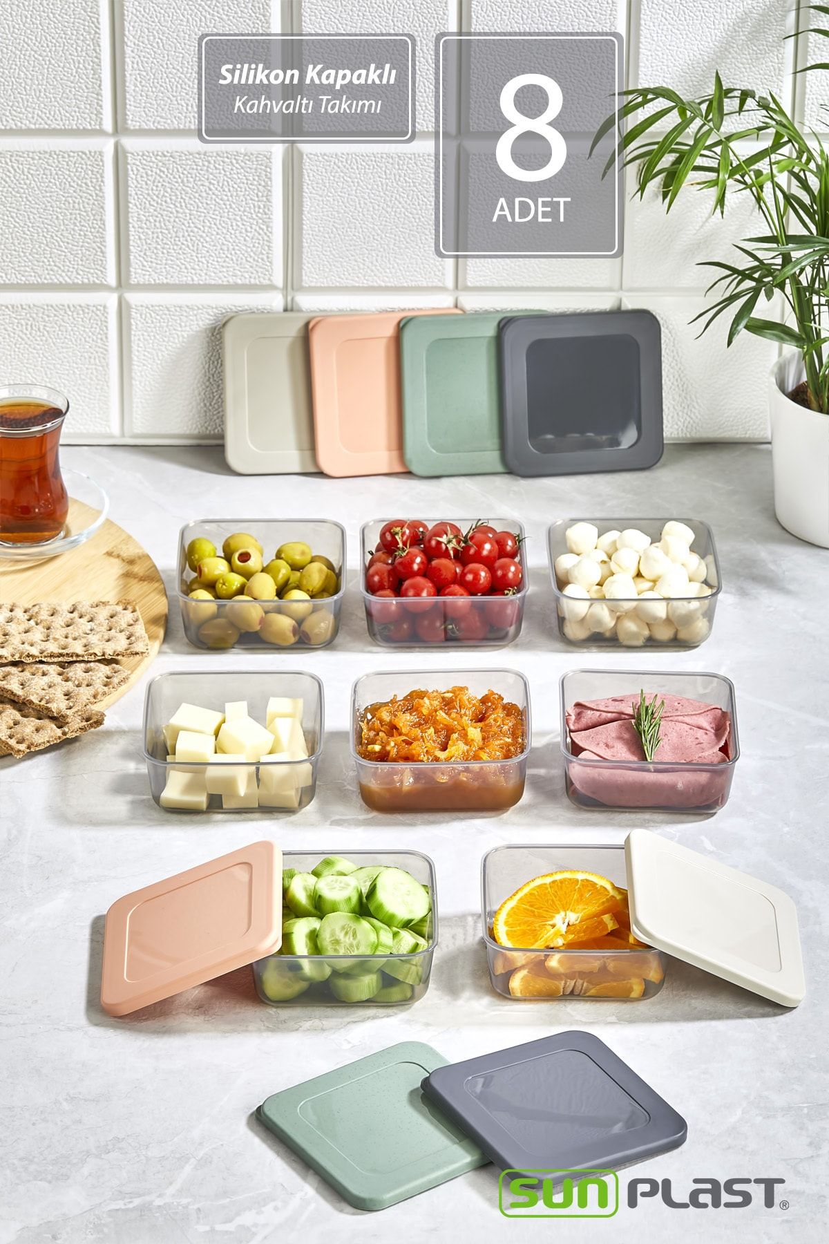 Sunplast 8'li KARE Kahvaltı Seti - Sızdırmaz Silikon Kapaklı Erzak Gıda Piknik Saklama Kabı Kahvaltılık Set
