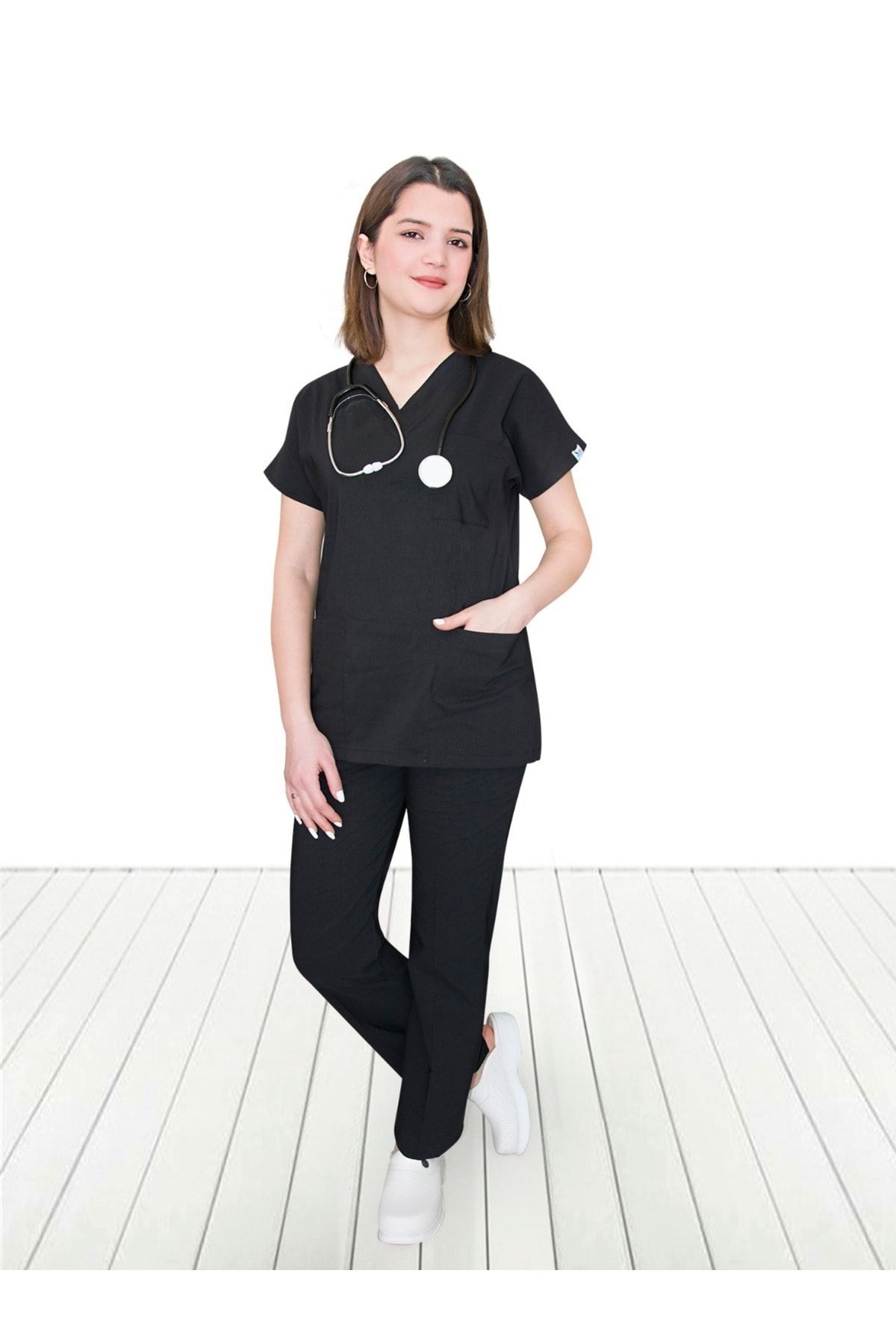 Nur Medikal Giyim Doktor Hastane Hemşire Forması Siyah Likralı Alt Üst Takım Forma Scrubs Greys