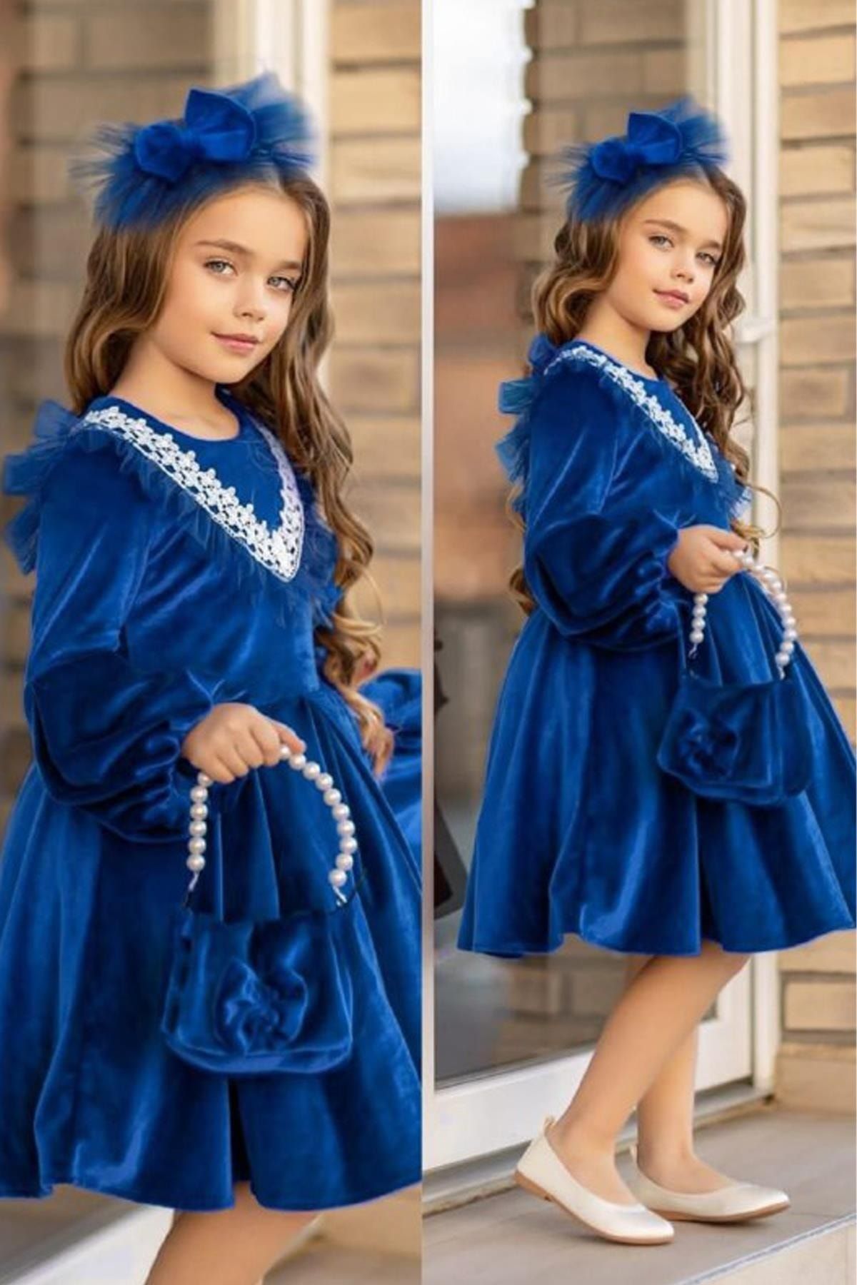 Riccotarz Kız Çocuk Dantel Işlemeli Kadife Mavi Abiye