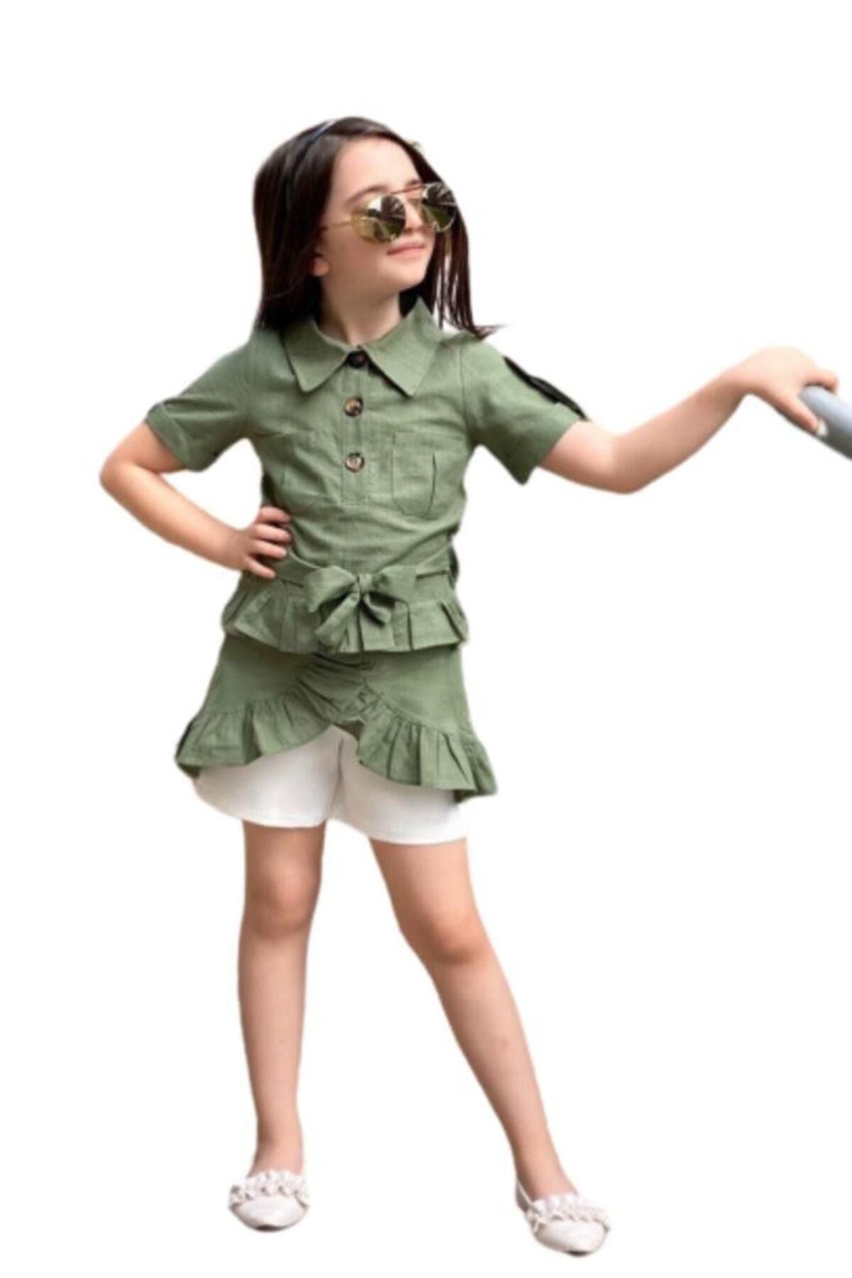 Riccotarz Kız Çocuk Belden Bağlamalı Düğme Detaylı Eteği Fırfırlı Haki Tunik