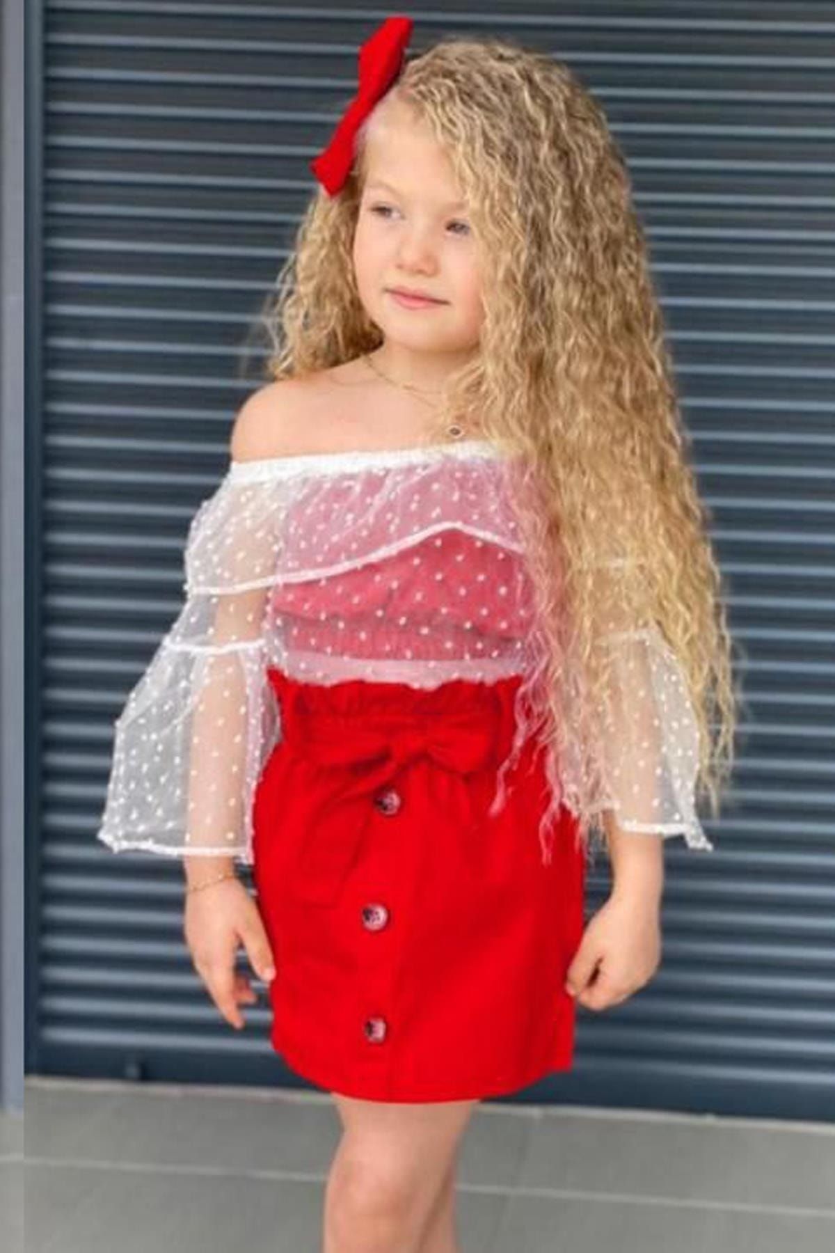 Riccotarz Kız Çocuk Düşük Omuzlu Transparanlı Madonna Yakalı Kırmızı Etekli Takım