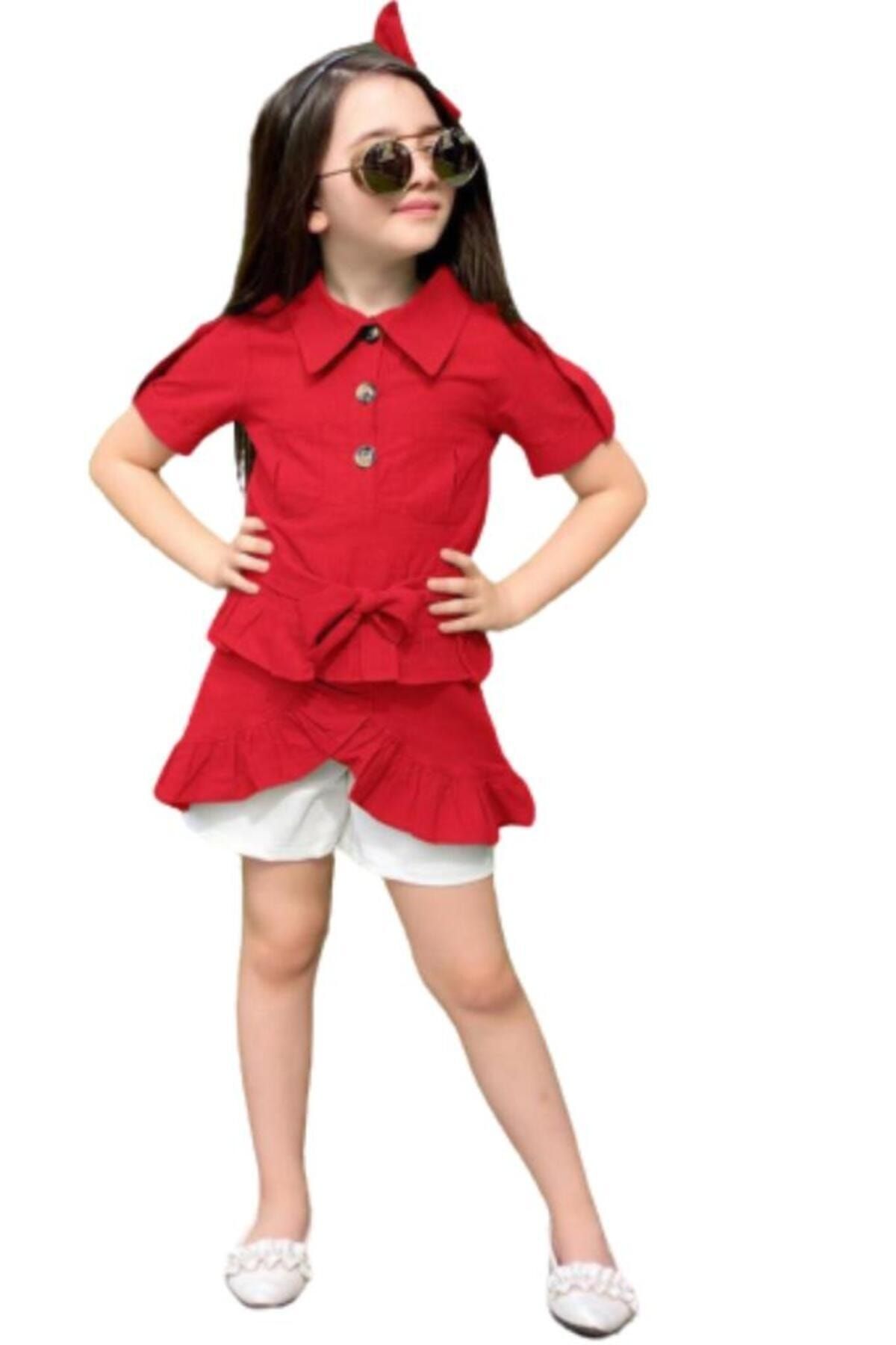 Riccotarz Kız Çocuk Belden Bağlamalı Düğme Detaylı Eteği Fırfırlı Kırmızı Elbise