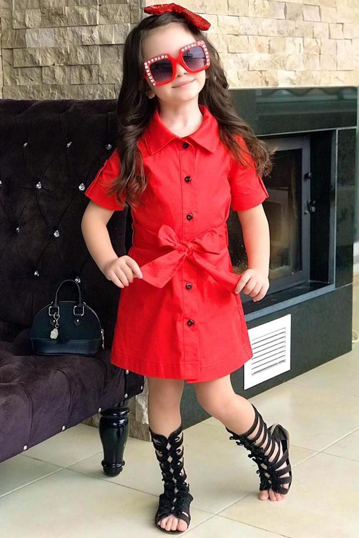 Riccotarz Kız Çocuk Düğme Detaylı Beli Bağlamalı Çift Cepli Kırmızı Elbise
