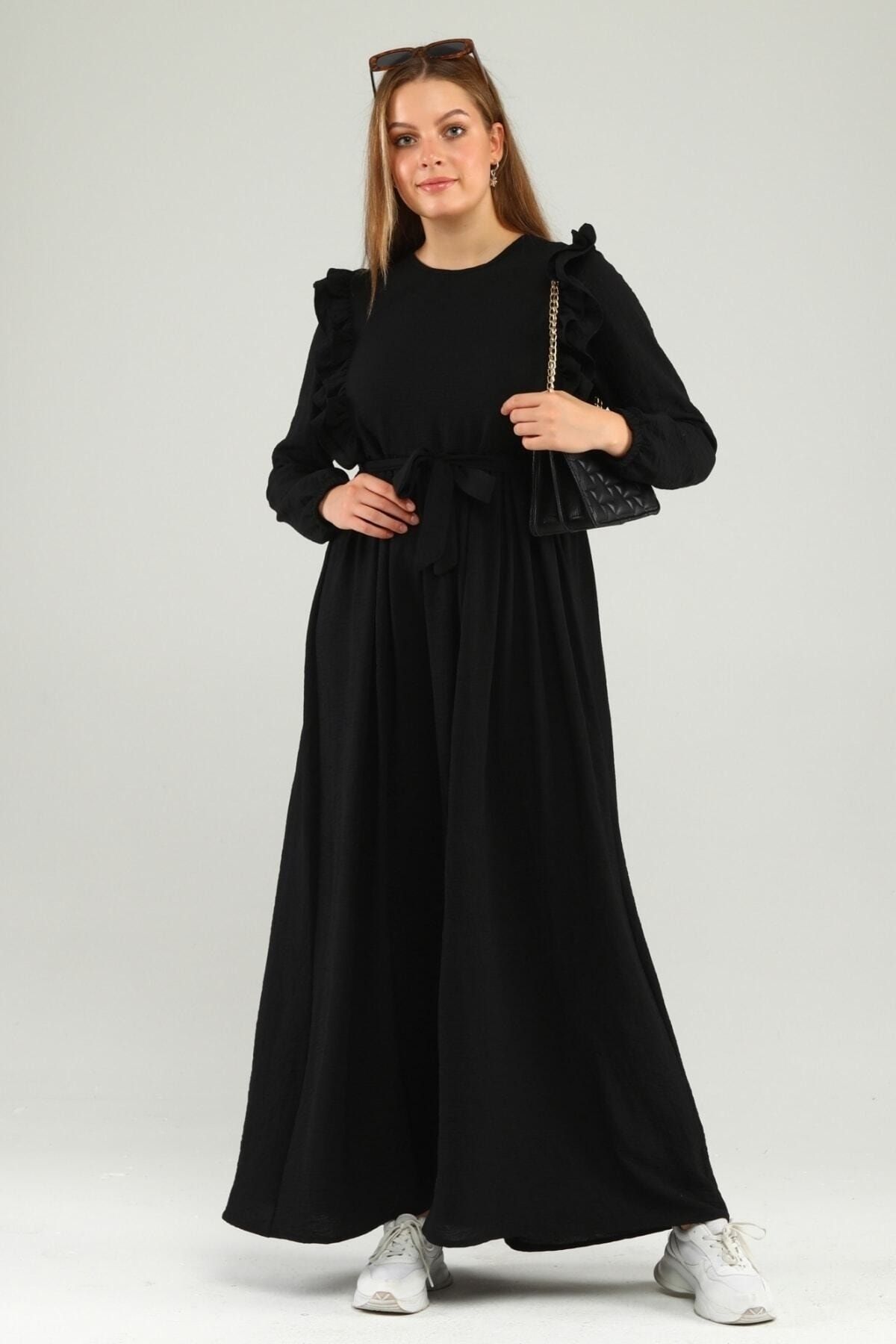 Ferace Kadin Plus Elbise Tesettur Firfirli Viskon Buyuk Beden Siyah