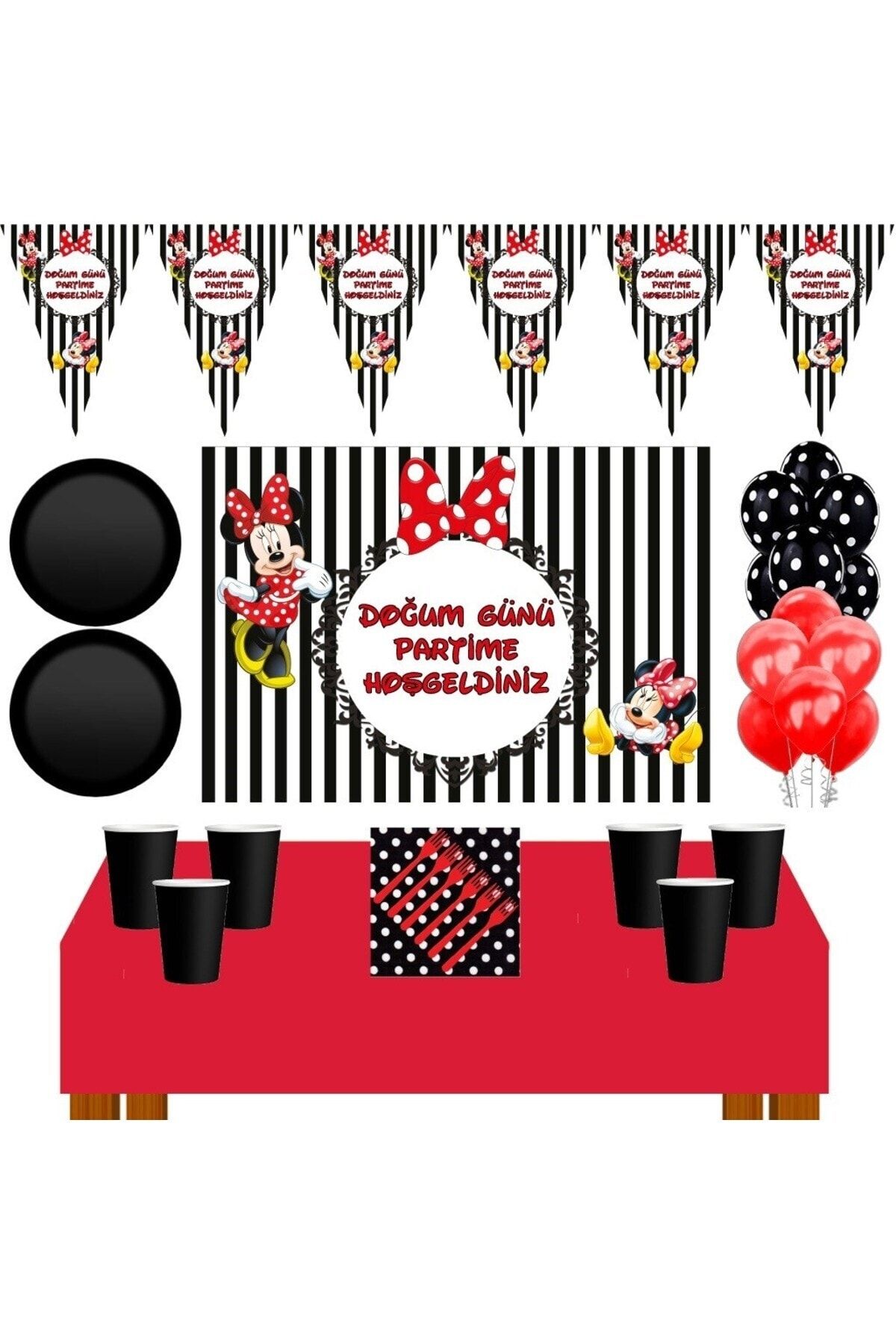 MINNIE Mouse Parti Malzemeleri 16 kişilik BÜYÜK BOY 50X70 cm AFİŞLİ çizgili+Minnie mouse Doğum günü