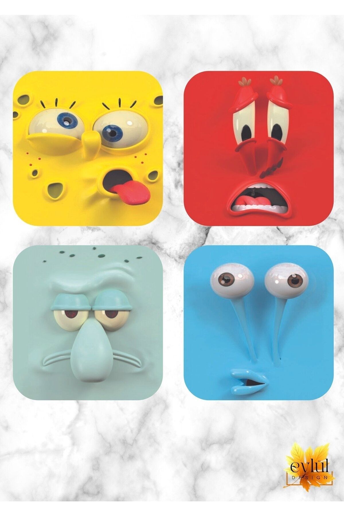 Eylül Design Sponge Bob Sünger Bob Temalı 4 Adet Özel Tasarım A Kalite MDF Kare Bardak Altlığı