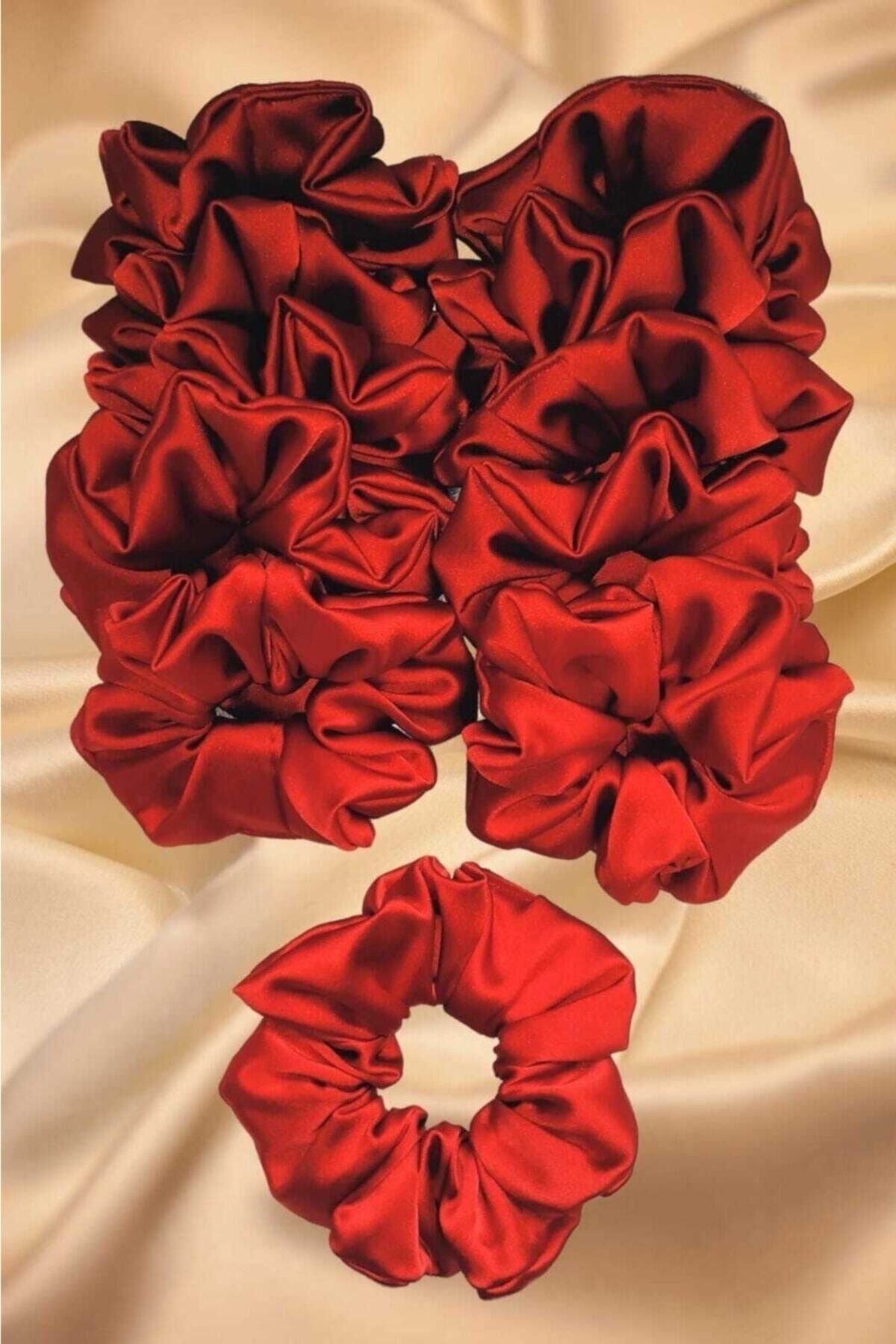 TOKALİLYA Kadın Kına Ve Nişan Düğün Için Lastikli Simit Kırmızı Saten 10lu Scrunchie Saç Toka Seti
