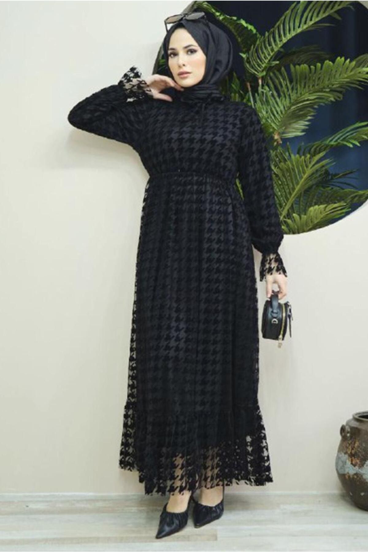 TRENDTESETTÜR Kadın Siyah Kolları Lastikli Kazayağı Desenli Elbise 7464