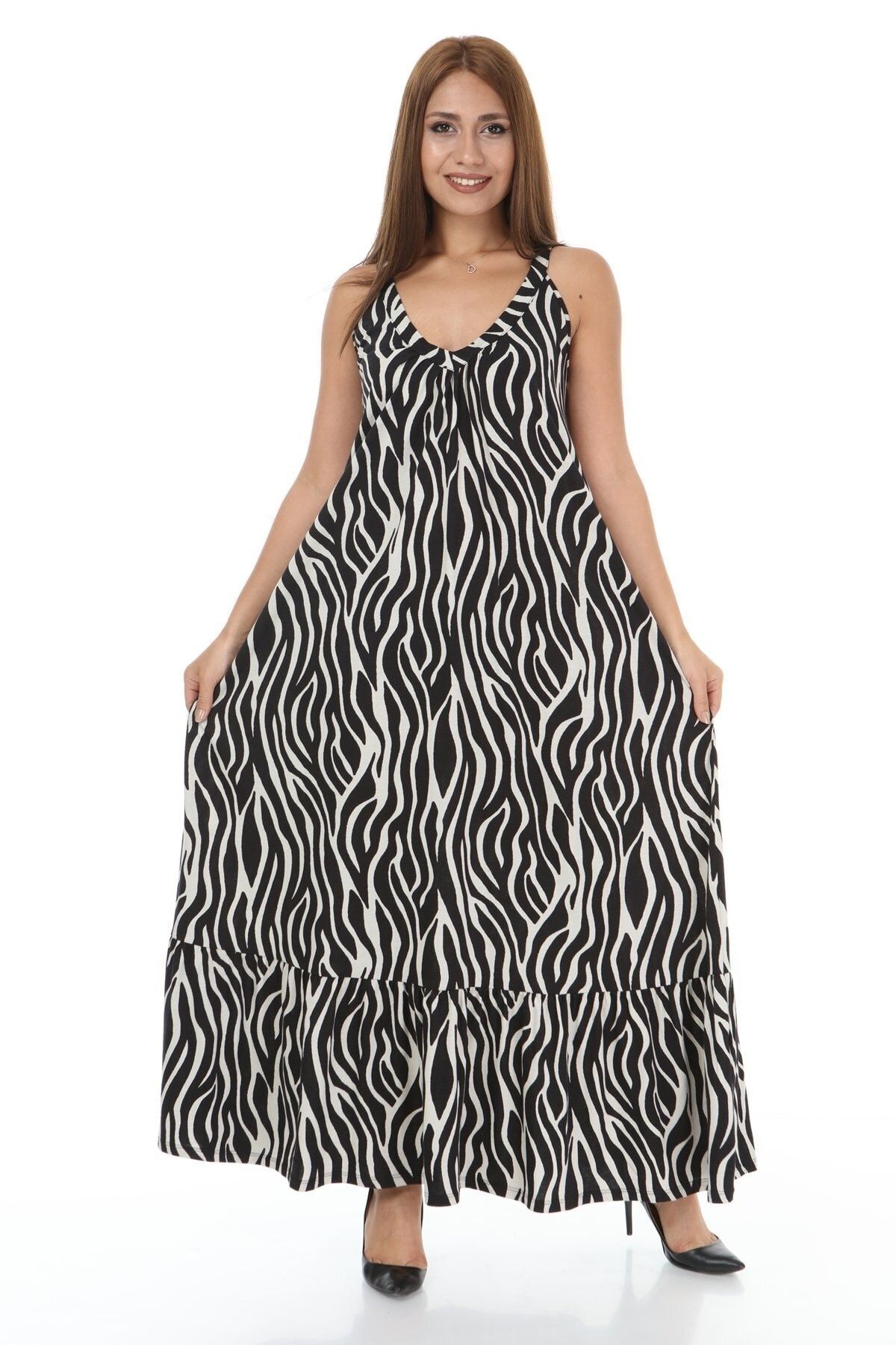 Hanezza Zebra Desenli Askılı Elbise