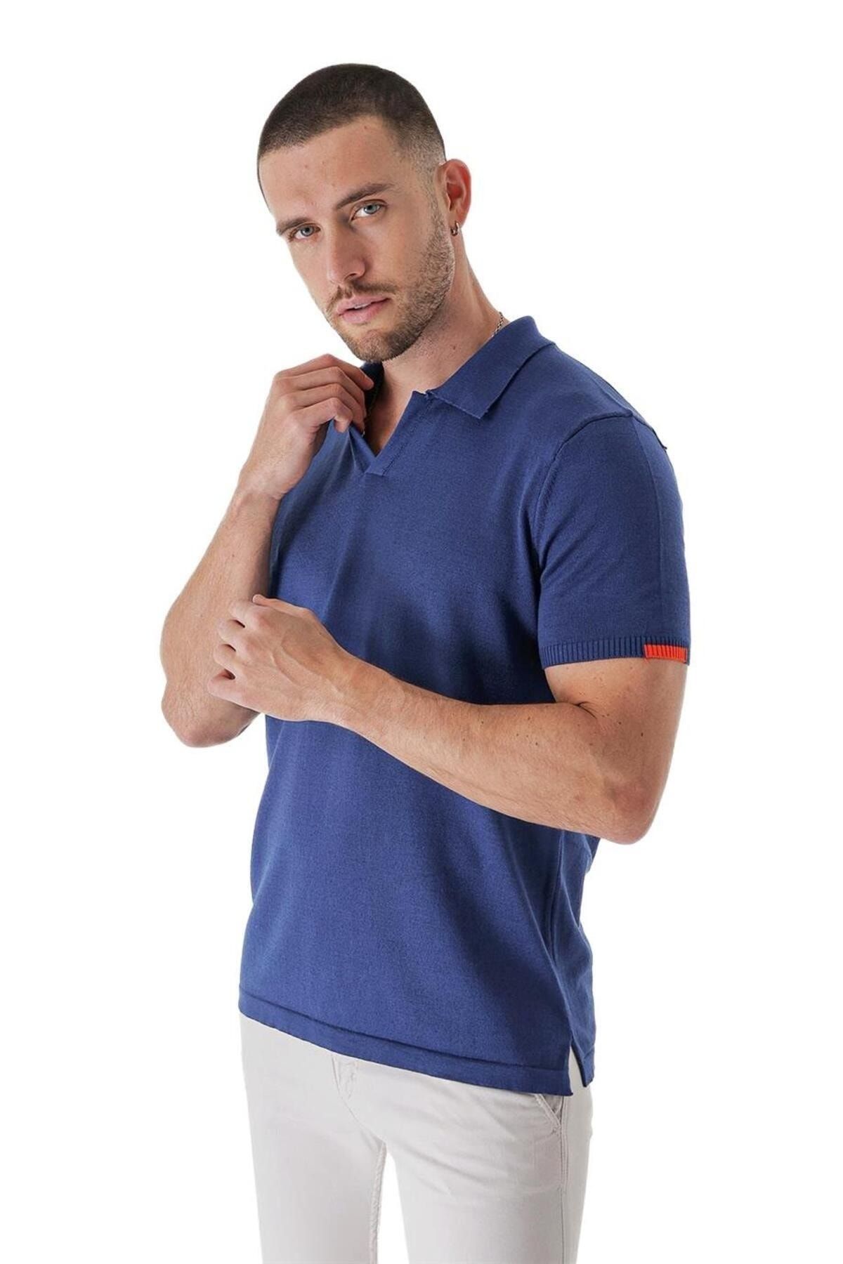 CHUBA Erkek Polo Yaka Kontrast Çizgi Detaylı Pamuklu Ince Triko T-shirt Navy 22sm209