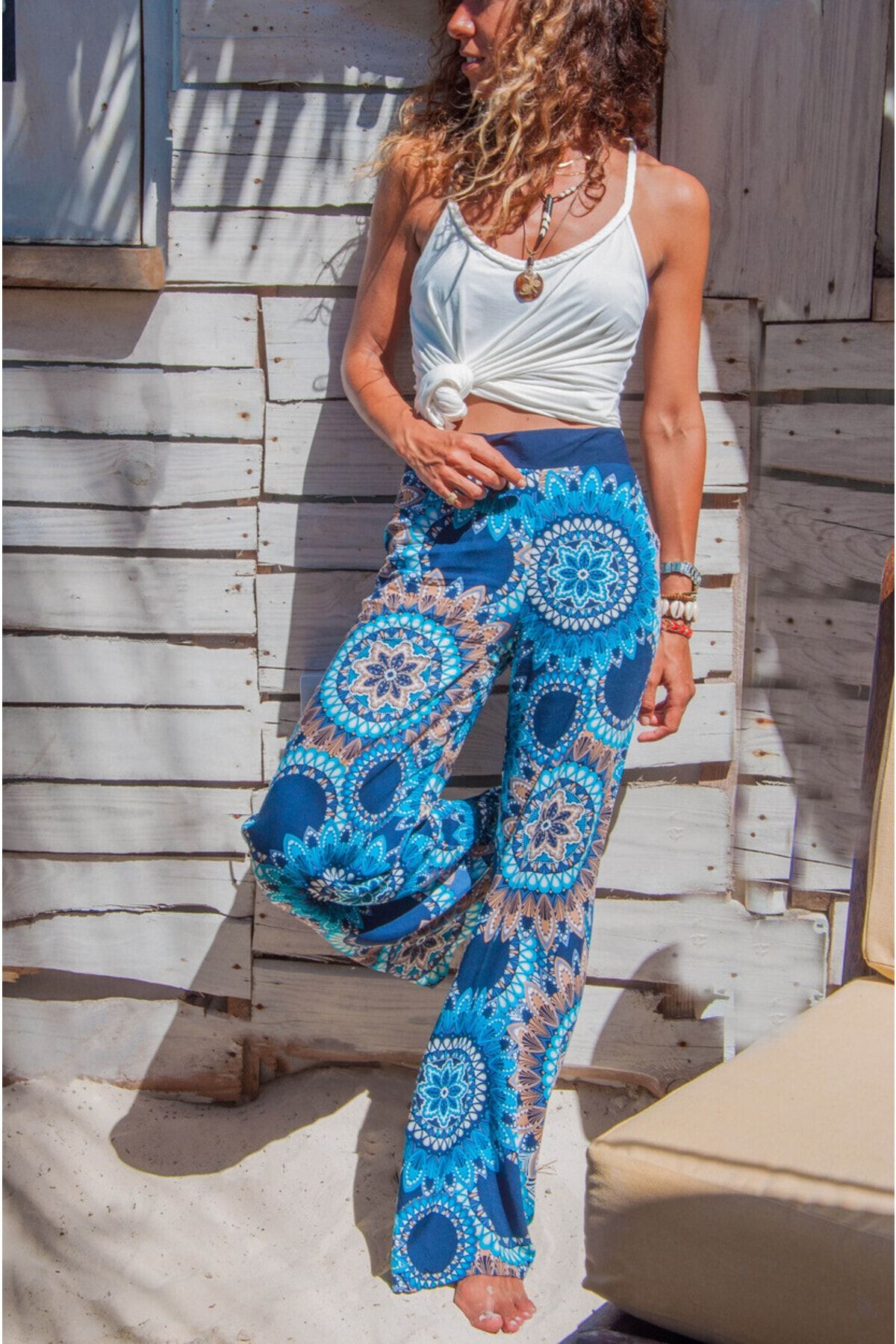 Güneşkızı Kadın Mavi Mandala Desen Salaş Pantolon GK-TDMN1