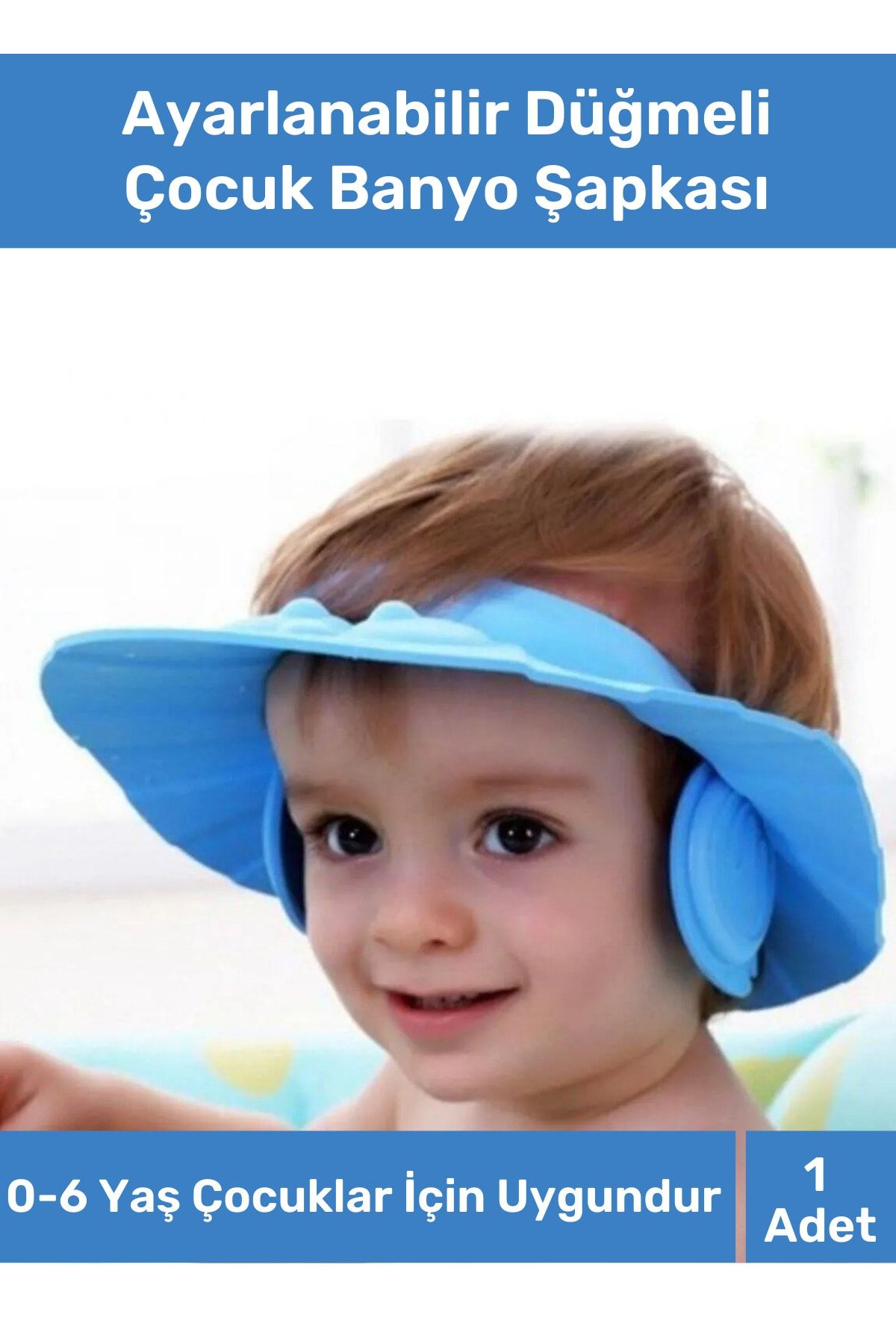 Fantazer Bebek Banyo Şapkası Duş Başlığı Ayarlanabilir Düğmeli Çocuk Küvet Göze Su Kaçırmayan Mavi Şapka