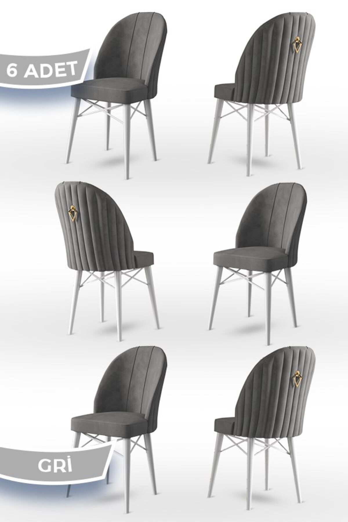 Canisa Concept Ritim Serisi 1.sınıf Babyface Ithal Kumaş 6 Adet Gri Sandalye Beyaz Gürgen Ayak Gold Halkalı