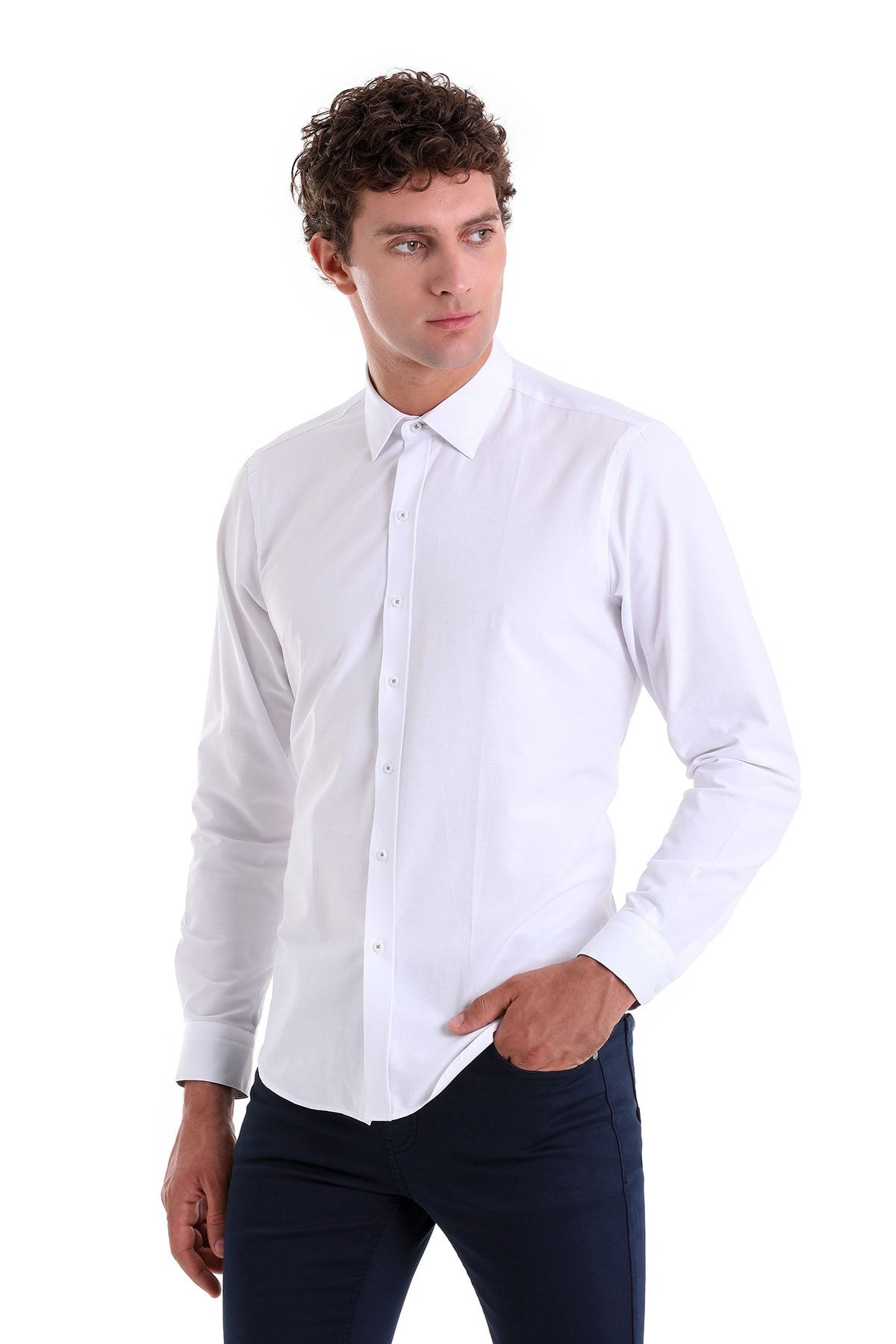 Hatemoğlu Beyaz Comfort Fit Desenli Pamuklu Slim Yaka Uzun Kollu Klasik Gömlek
