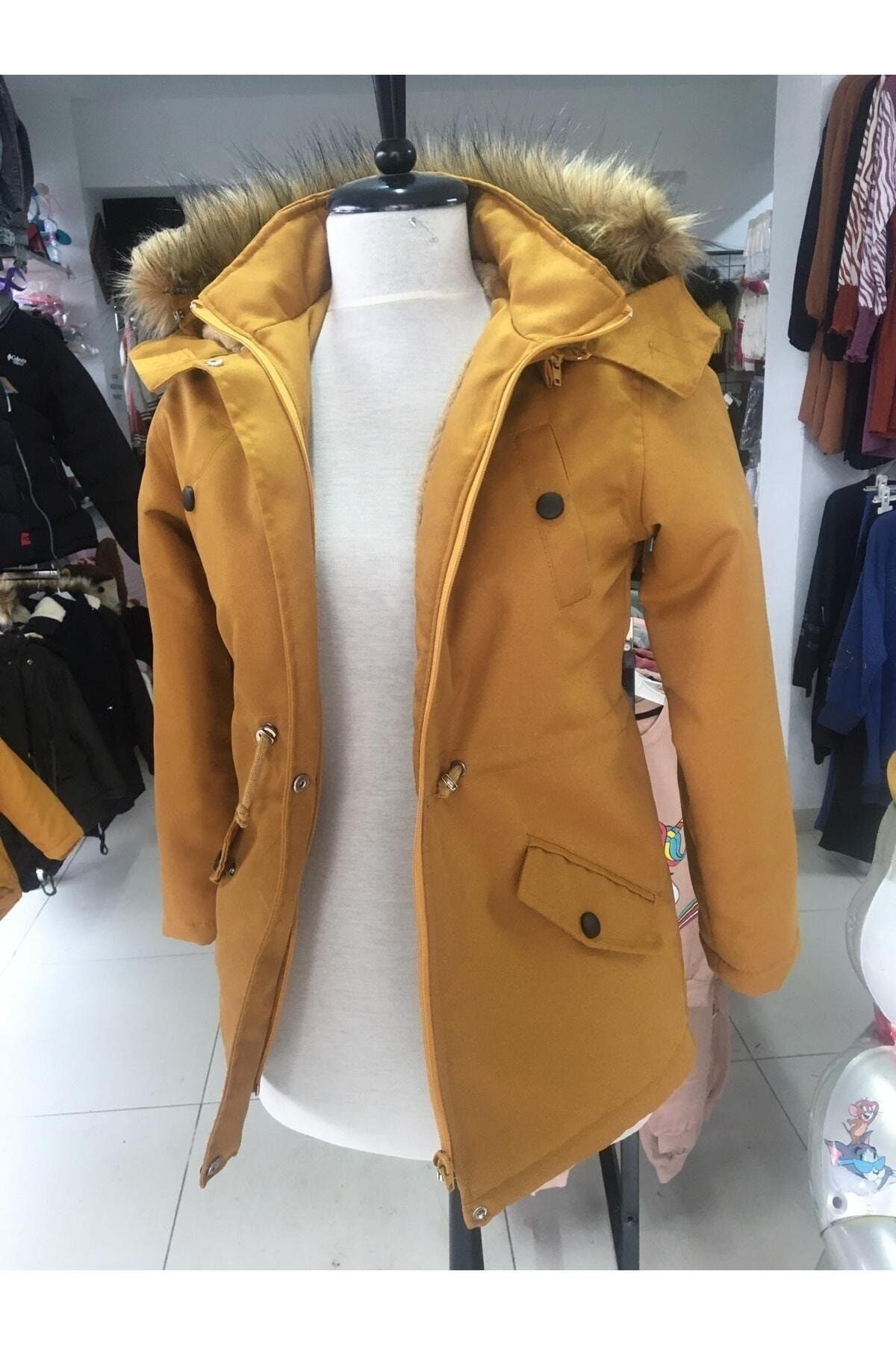 günce moda Unisex Çocuk Kışlık Kanvas Kumaş Büzmeli Diz Üstü Içi Kürk Kapüşonlu Kaban Mont Mnt-0005