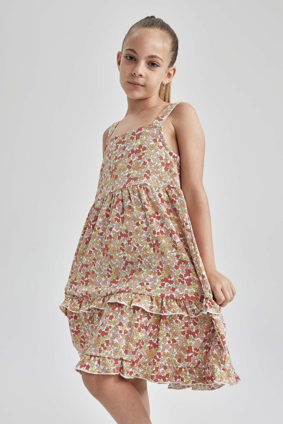 Defacto Kız Çocuk Kare Yaka Askılı Volanlı Bürümcüklü Elbise