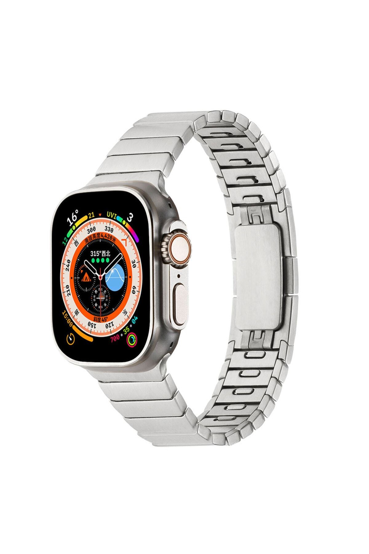 Fibaks Apple Watch Ultra 3 4 5 6 7 8 Se 42 44 45 49mm Uyumlu Çelik Kordon Çizgi Tasarımlı Klipsli Bileklik