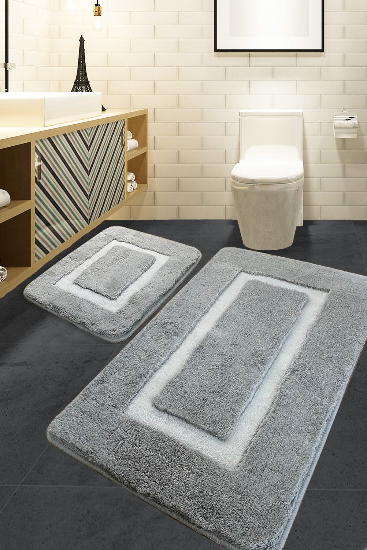 Chilai Home Quadrato Frame Grey 2 Li Set Banyo Halısı Akrilik