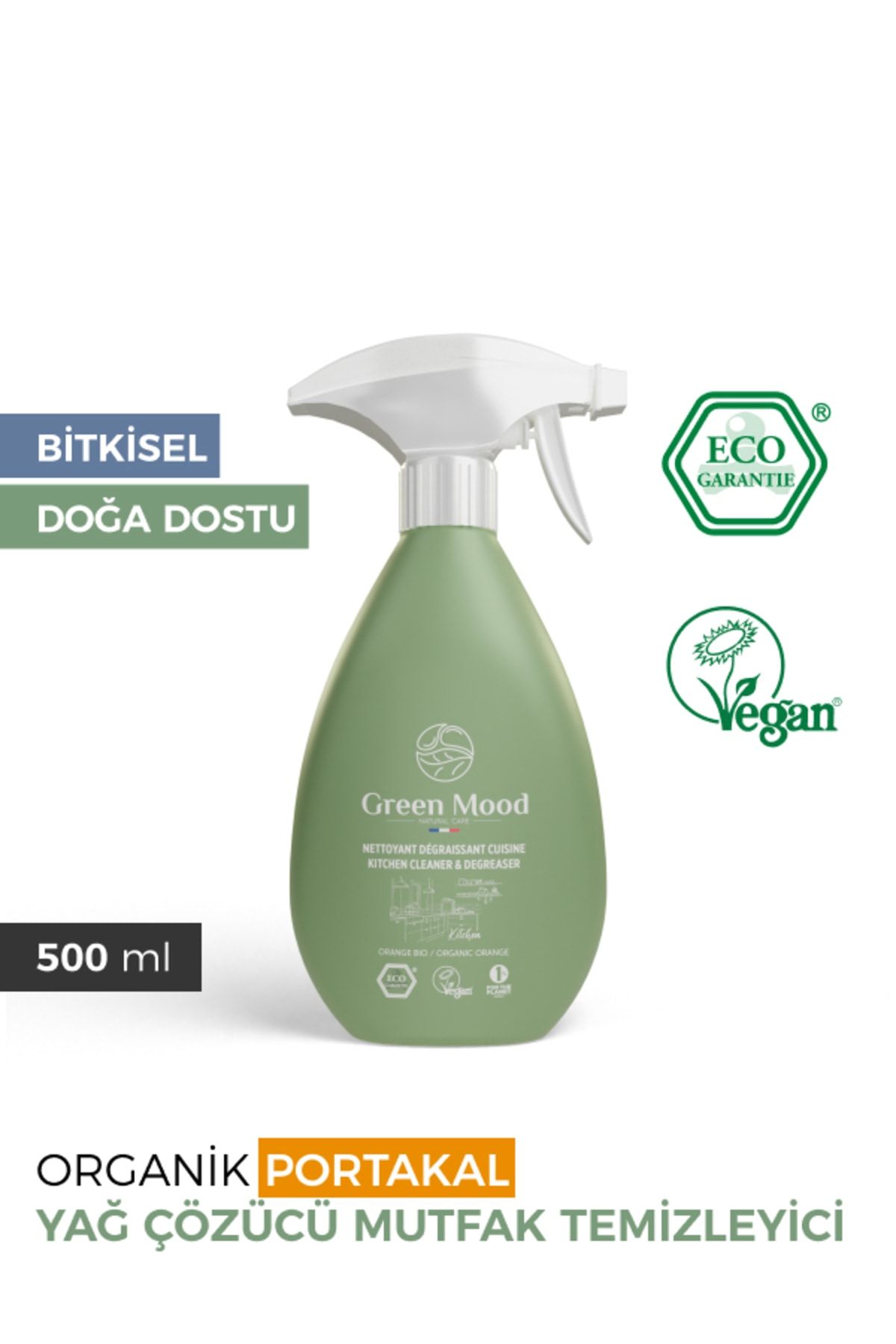 Green Mood Bitkisel Vegan Yağ Çözücü Mutfak Temizleyici Sprey 500 ml Organik Portakal Yağlı