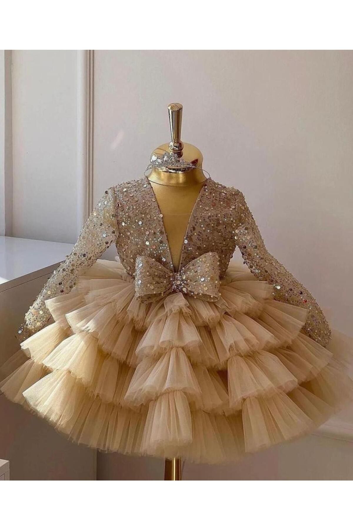 Da&Mira Kız Çocuk Gold Renk Doğum Günü Parti Özel Gün Elbisesi