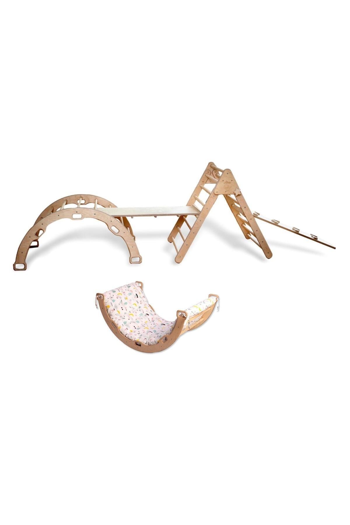 KIDOPPO Pikler Tırmanma Seti | Montessori Tam Set Ve Yastık | Üçgen Kemer 2 Adet Rampa Flamingo Yastık