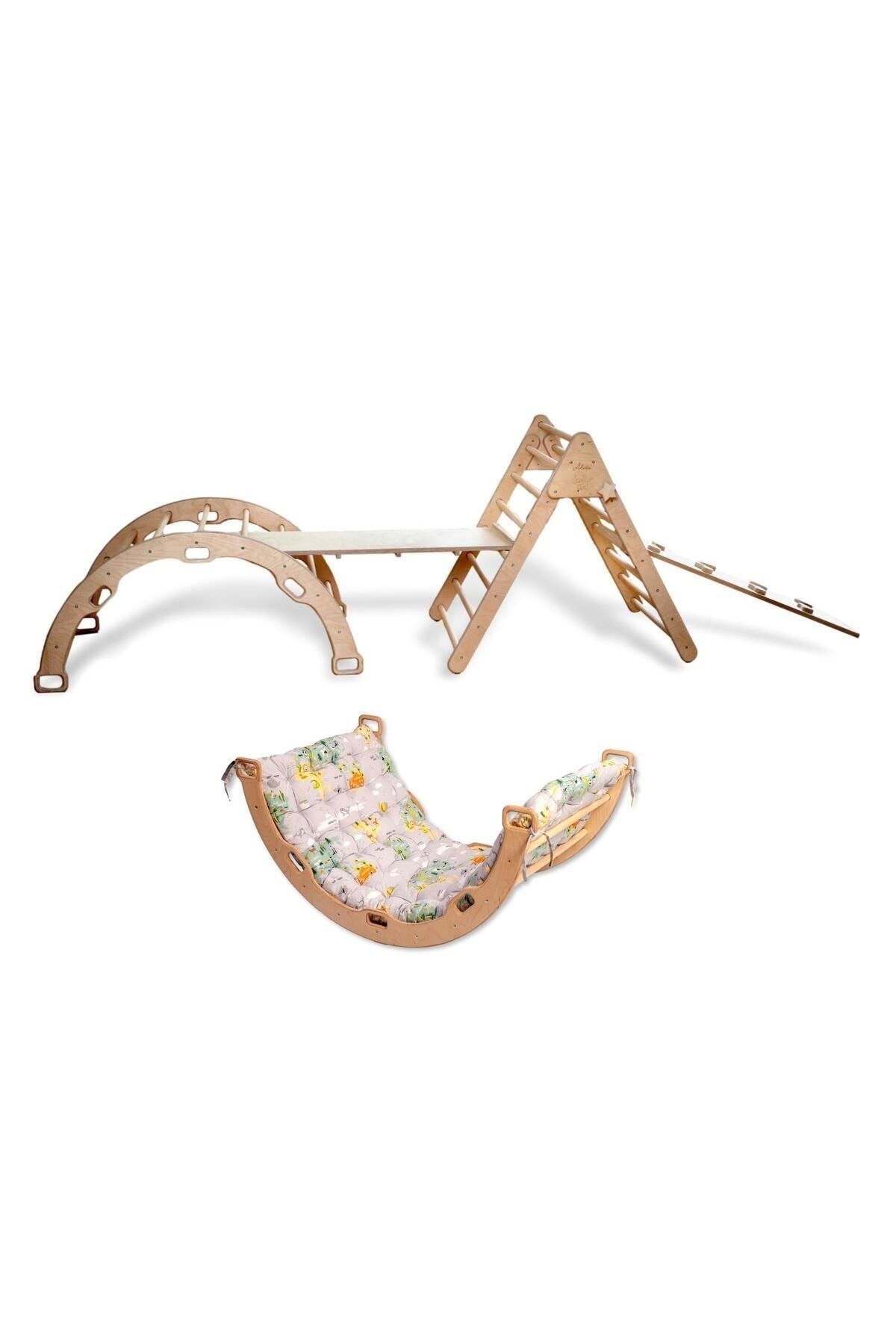 KIDOPPO Pikler Tırmanma Seti | Montessori Tam Set Ve Desenli Yastık | Üçgen&kemer&2 Adet Rampa&harita Yastık