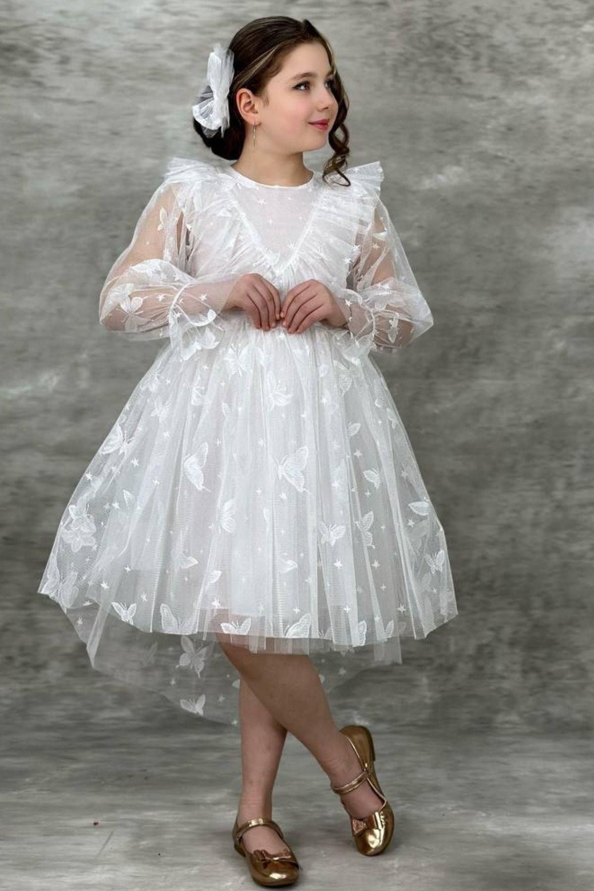 Riccotarz Kız Çocuk Kelebek Desenli Transparan Detaylı Kuyruklu Beyaz Elbise