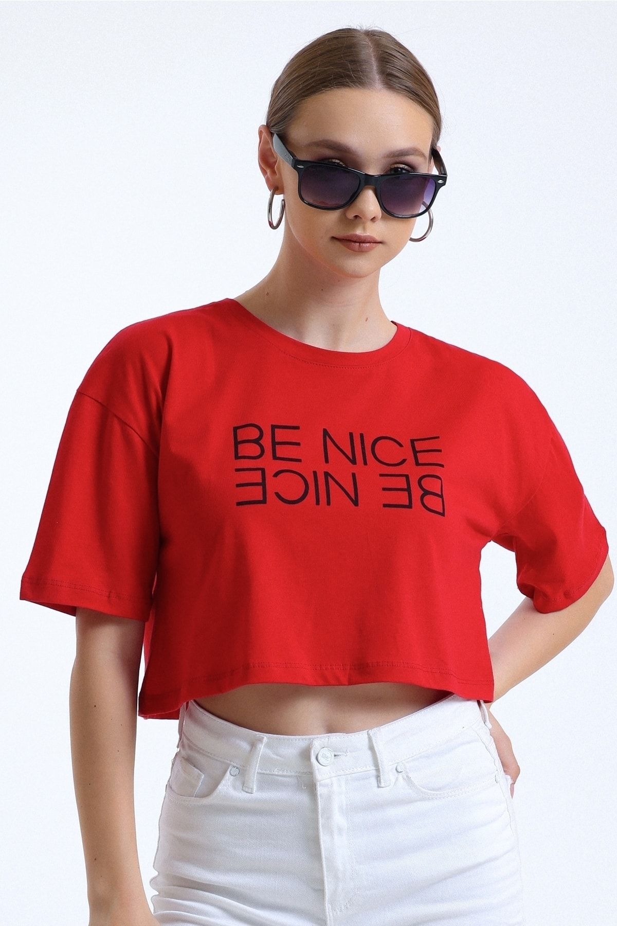 MD trend Kadın Kırmızı Baskılı Bisiklet Yaka Basic Crop T-shirt