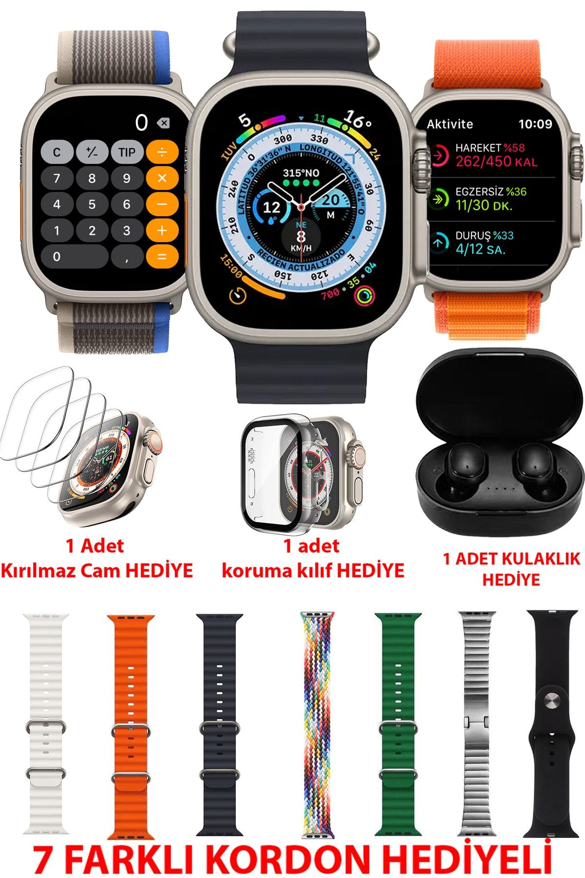TECHNOMEN Akıllı Saat Y60 Ultra Plus Bluetooth Kulaklık 7 Kordon Kasa Koruma Kırılmaz Cam Hediyeli Smart Watch