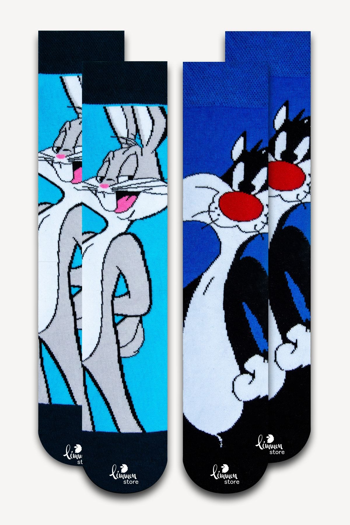 Limmon Store Unisex Mavi Bugs Bunny ve Slyvester Baskılı Çorap  2'li