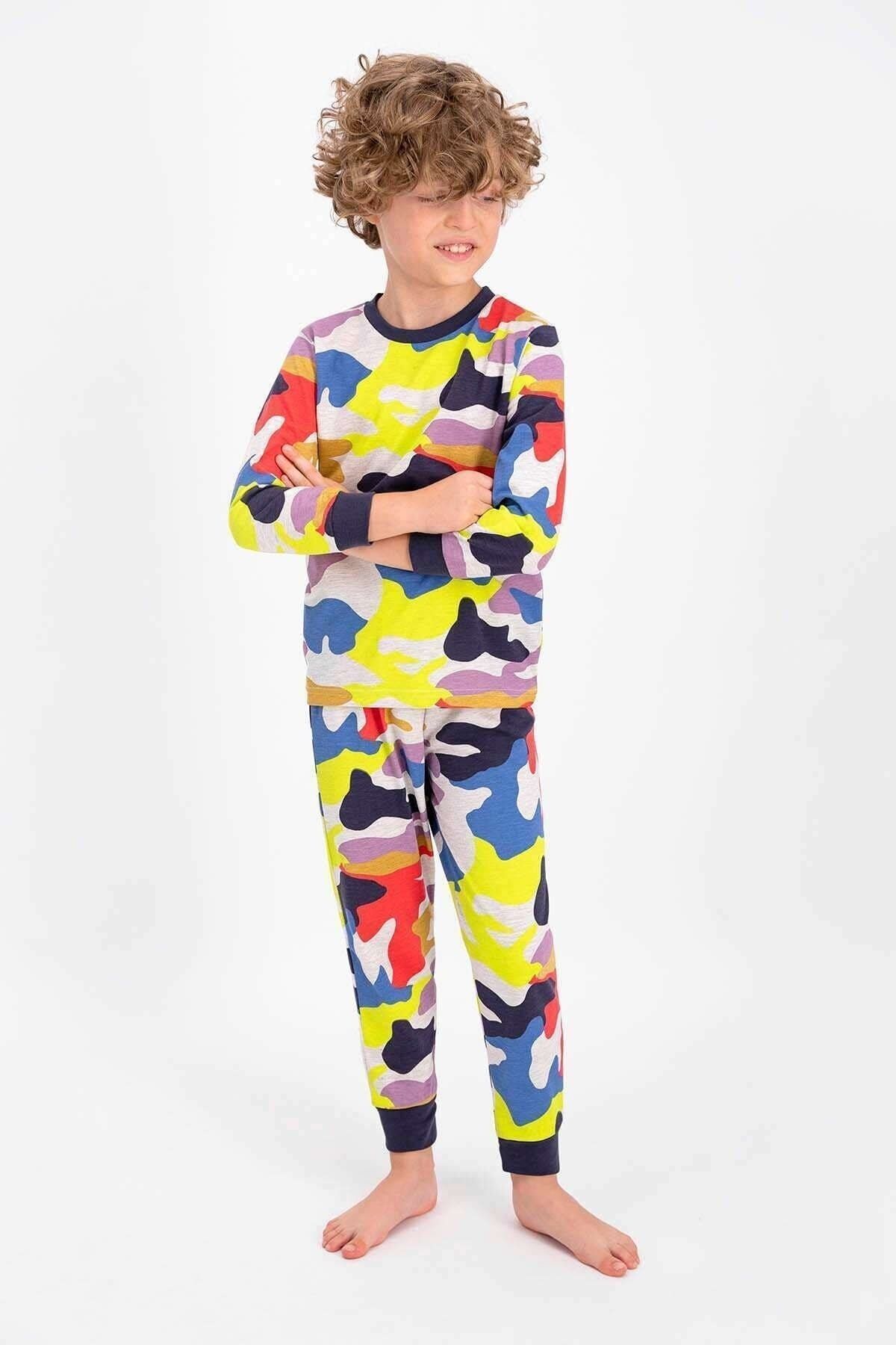 Rolypoly Rolypoly Colorful Soldier Pattern Bejmelanj Unisex Çocuk Uzun Kol Pijama Takımı