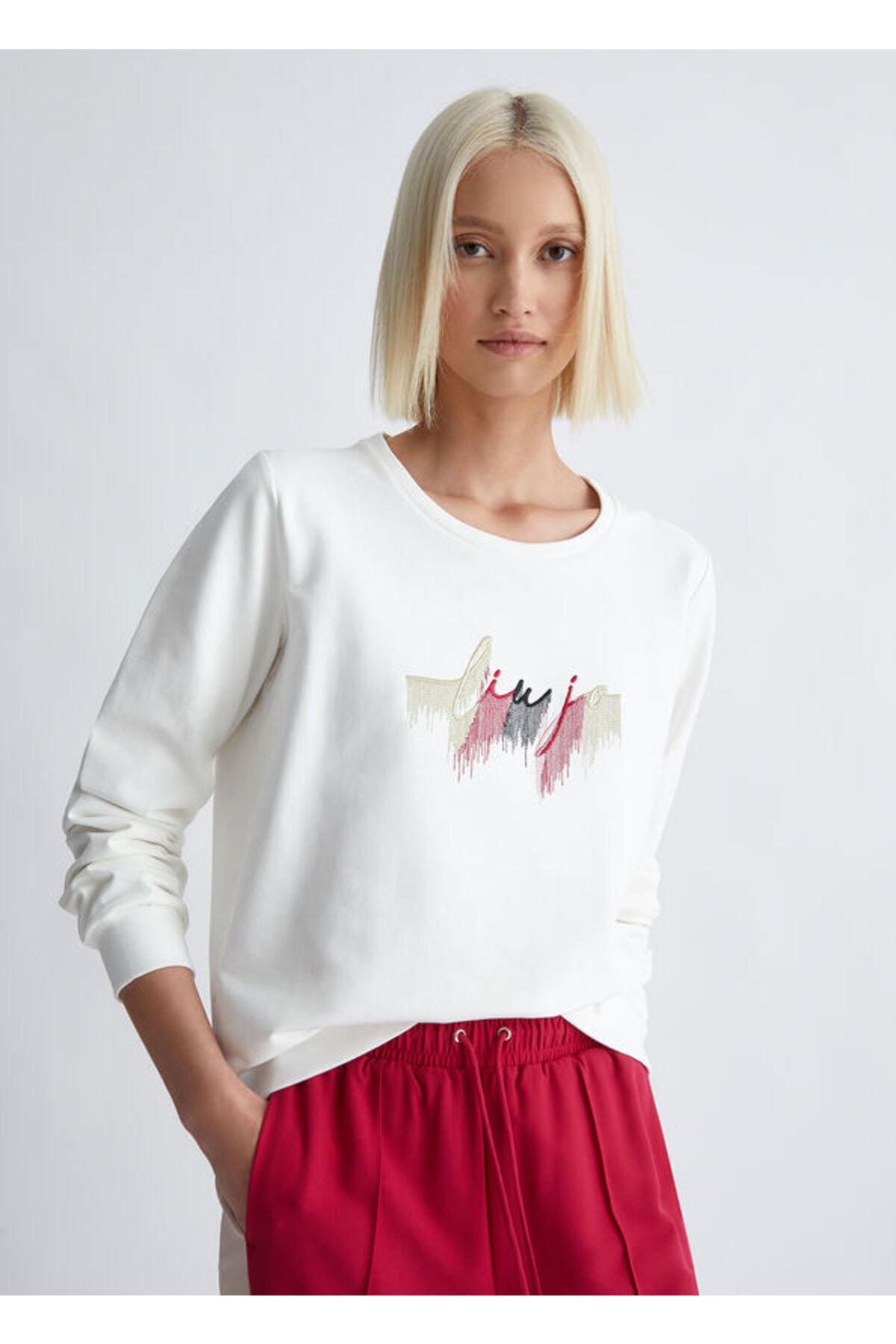 Liu Jo Kadın Baskılı Desenli Uzun Kollu Yuvarlak Yakalı Beyaz Sweatshirt TF3080F0702-R9311