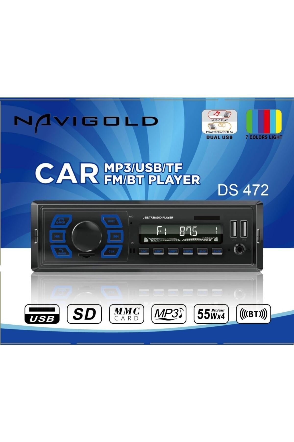 Navigold DS-472 Çift USB Girişli Bluetooth Oto Teyp Araba Teybi Sd Aux Teyp Amfi Çıkışlı Kumandalı RGB IŞIKLI