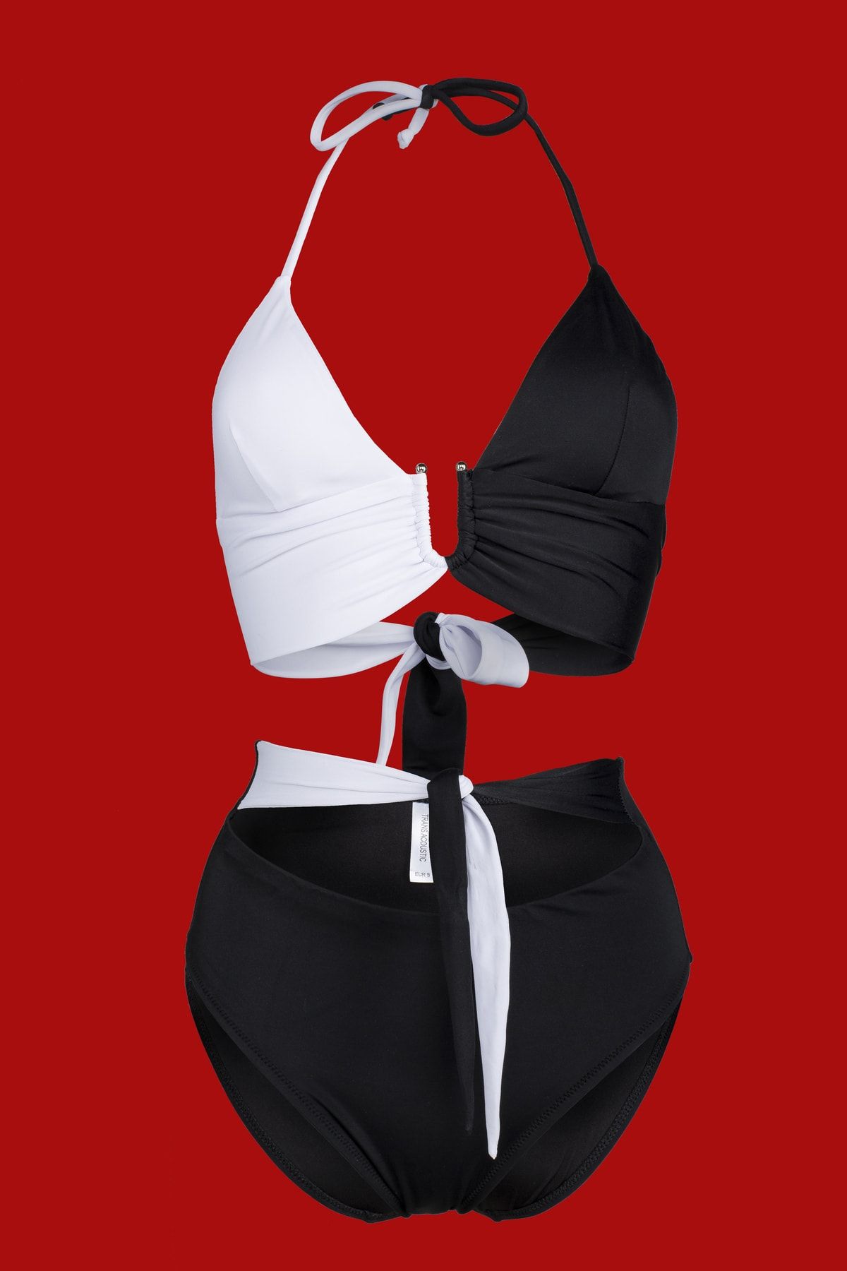 Transacoustic Siyah Beyaz Tulumlu U Aksesuar Detaylı Yüksek Bel Şık Bikini Takım