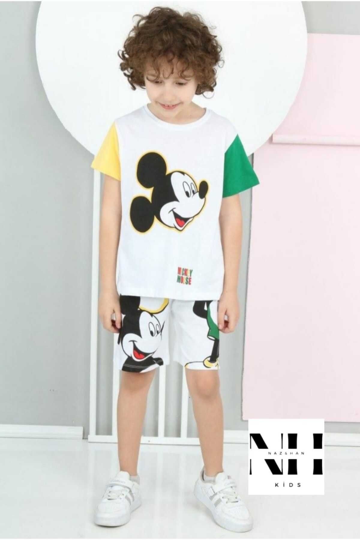 Kids Mickey Mause Baskılı Renkli Erkek Çocuk Yazlık Pamuklu Penye Tişört Şort Takım (2-8 YAŞ)