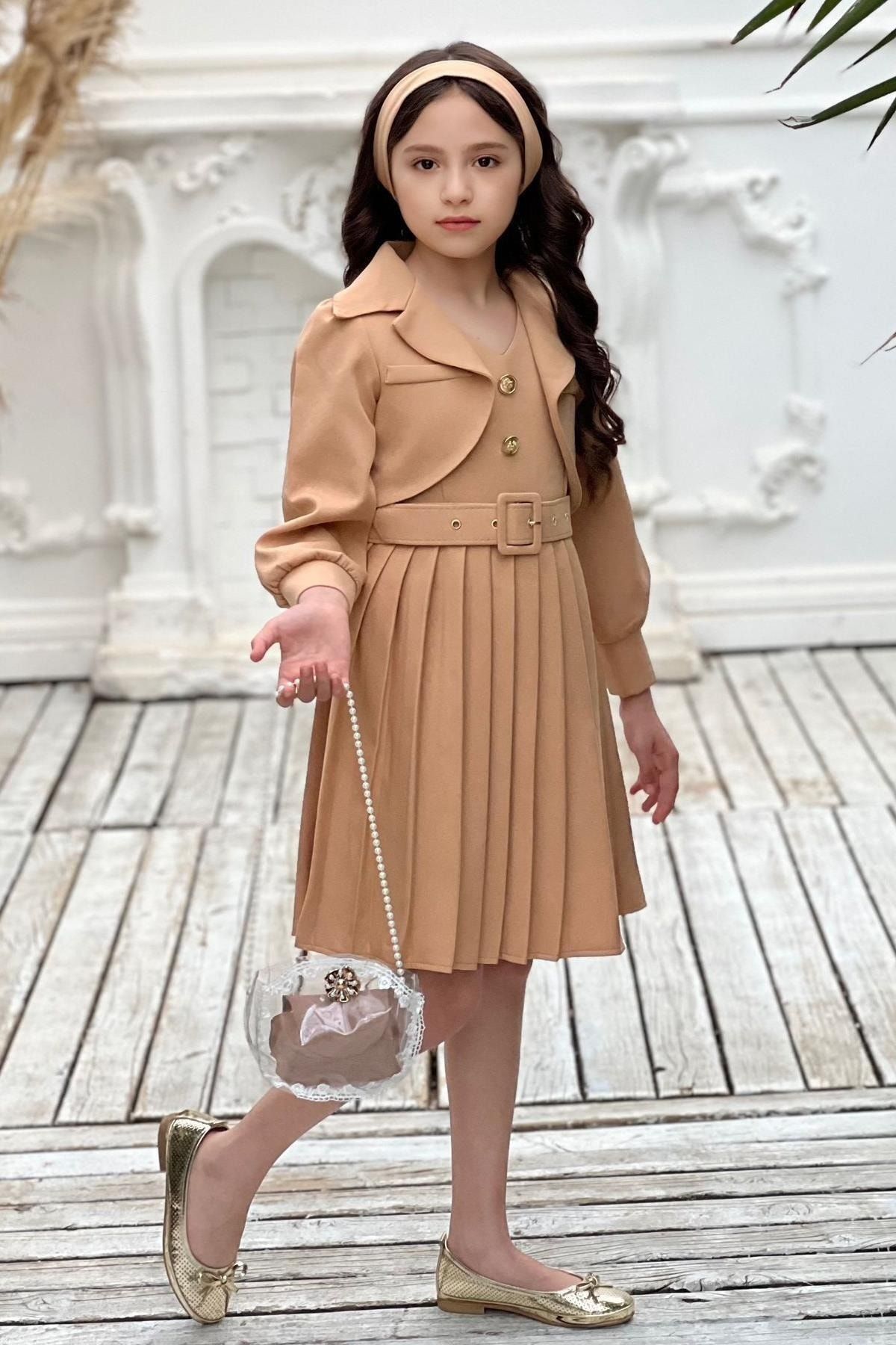 Riccotarz Kız Çocuk Blazer Ceketli V Yakalı Düğmeli Piliseli Kahverengi Elbise 5-12 Yaş