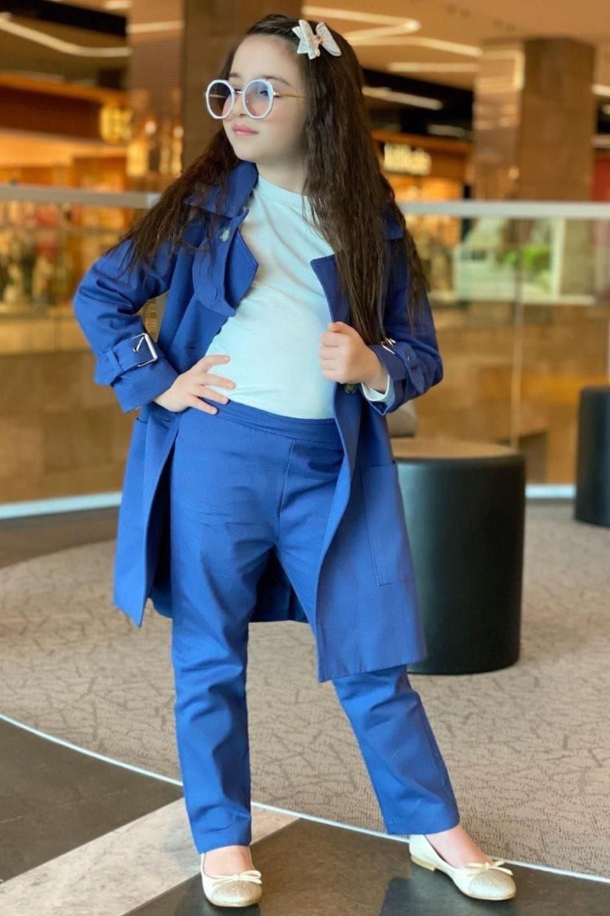 Riccotarz Kız Çocuk Beli Kuşaklı Gabardin Trençkotlu Pantolon Ve Bluzlu Mavi Alt Üst Takım