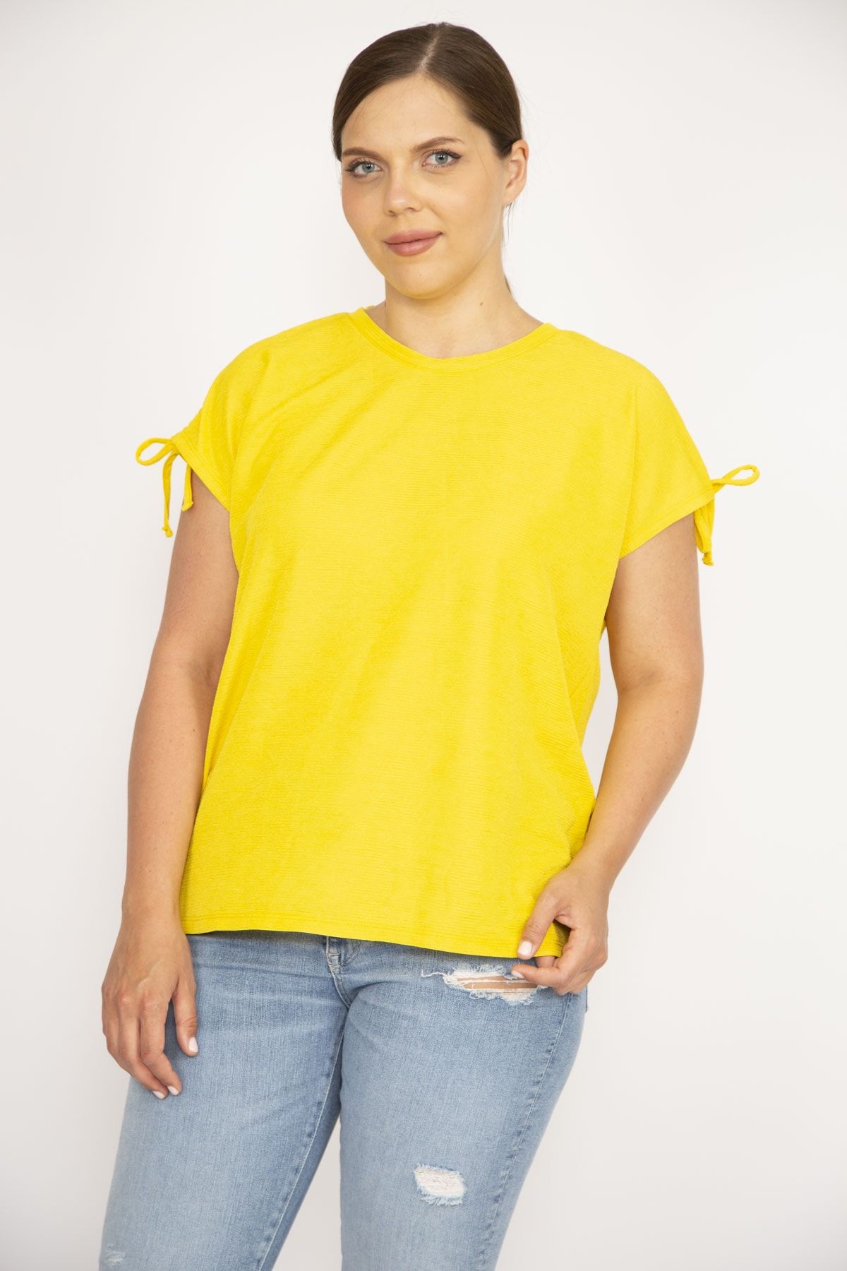 Şans Kadın Sarı Büyük Beden Omuz Bağcıklı Polyester Kumaş Bluz 65n36548