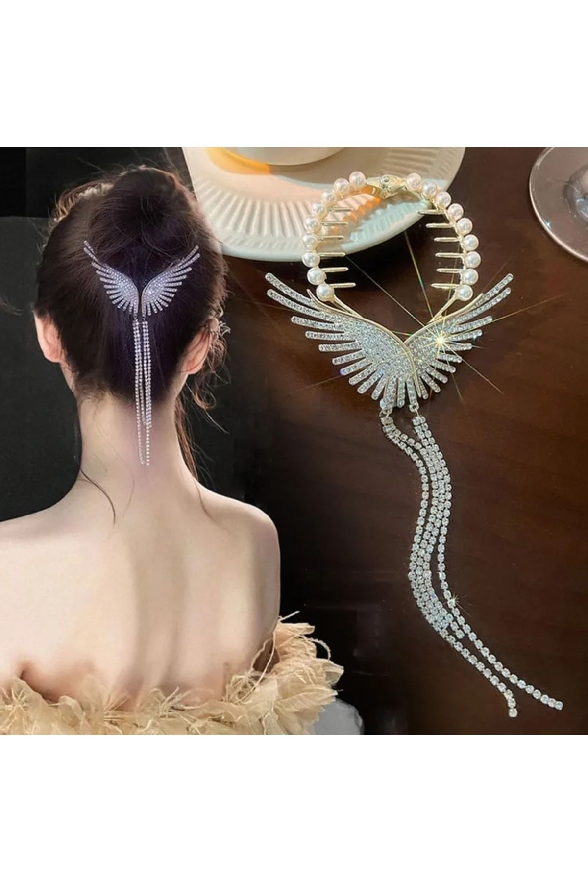 GÜLPEŞE Kadın Topuz Saç Tokası Gold Metal Yeni Tarz Sallantılı Kristal Taşlı Toka TZ-2278