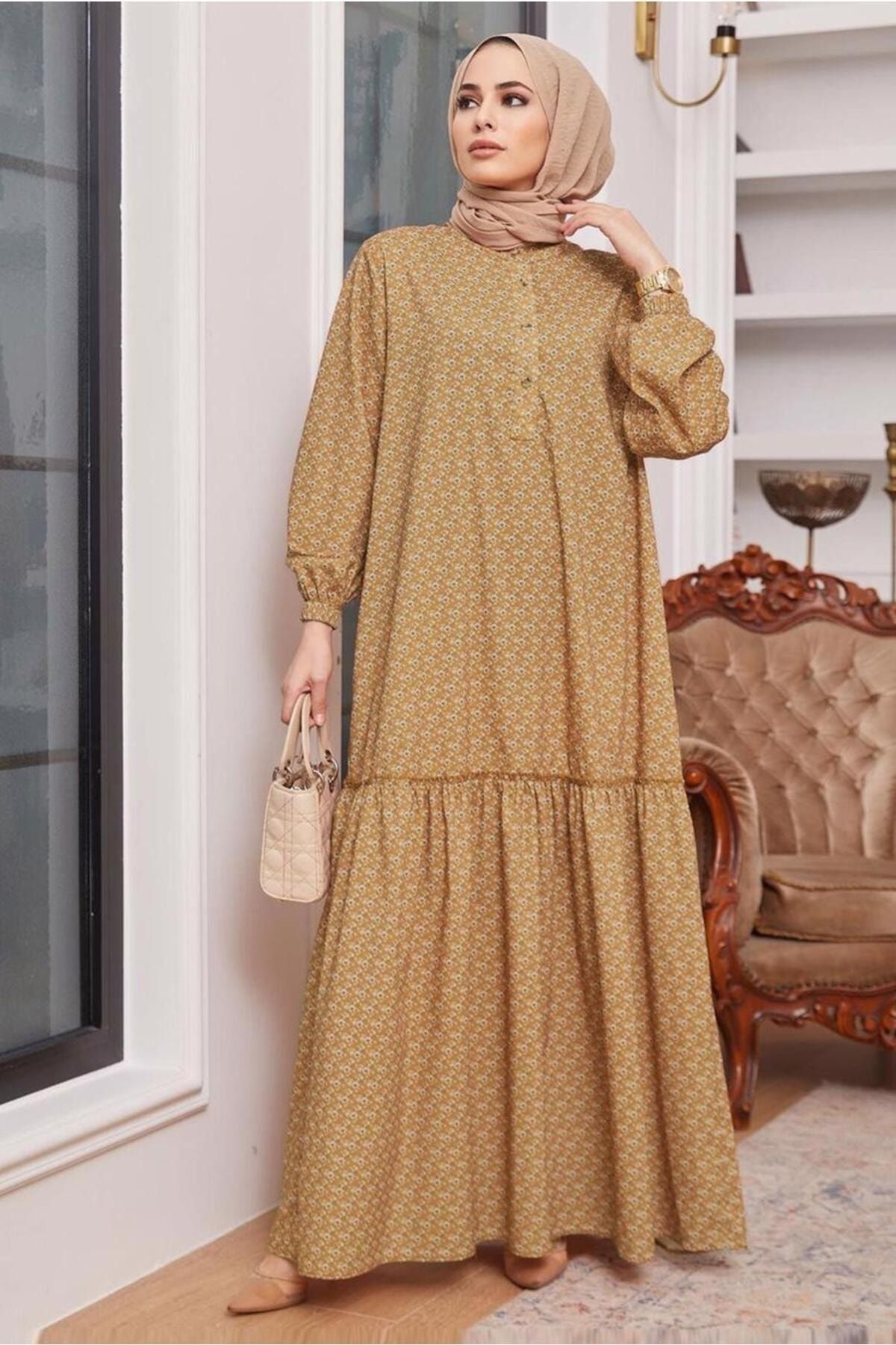 TRENDTESETTÜR Kadın Turuncu (HARDAL) Kendinden Kuşaklı Desenli Elbise 6301